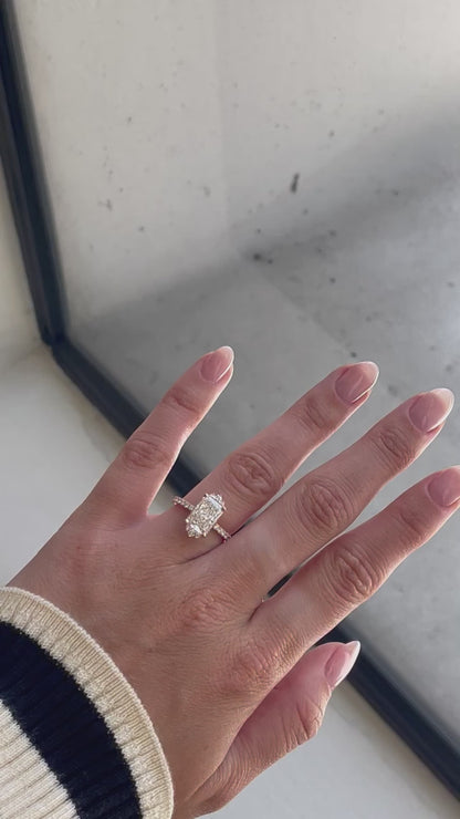 Summer Custom Diamond Radiant Cut Engagement Ring (setting only, made with any shape center stone and size) in Gold or Platinum, with two crowns of diamonds encompassing the center diamond, hidden halo and a pave band.