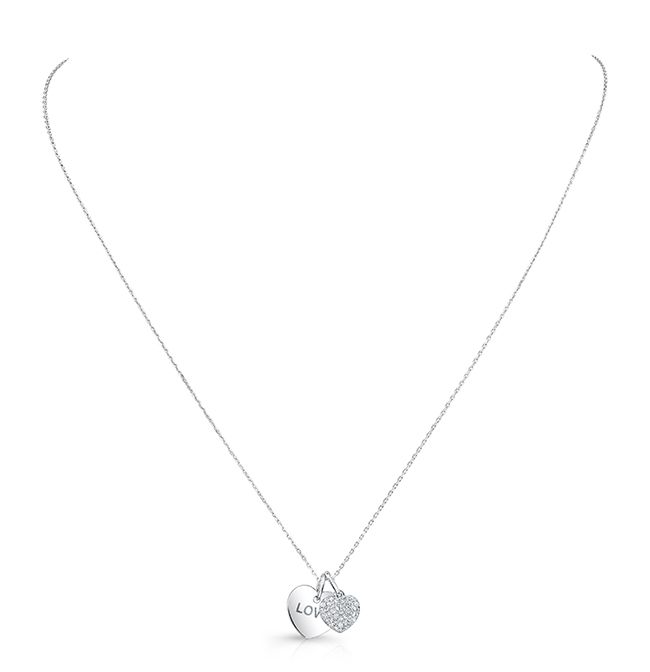 Diamond Double Heart Dangle Pendant In 14k White Gold (17 In Curb Chain)