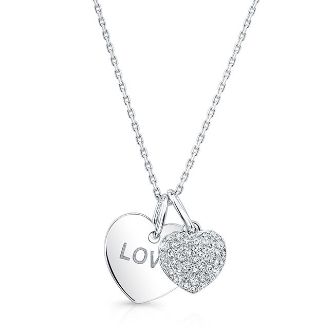 Diamond Double Heart Dangle Pendant In 14k White Gold (17 In Curb Chain)