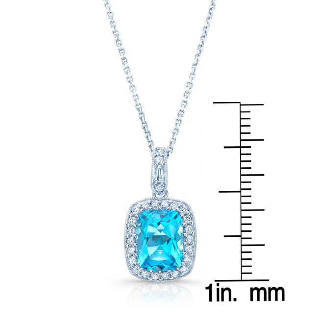 Blue Topaz And Diamond Elongated Cushion Halo Pendant In 14k White Gold