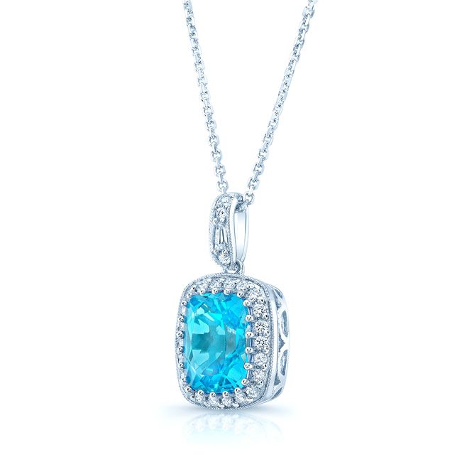 Blue Topaz And Diamond Elongated Cushion Halo Pendant In 14k White Gold