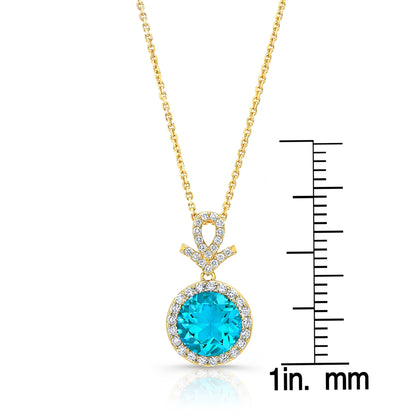 Blue Topaz And Diamond Pave Halo Pendant In 14k Yellow Gold