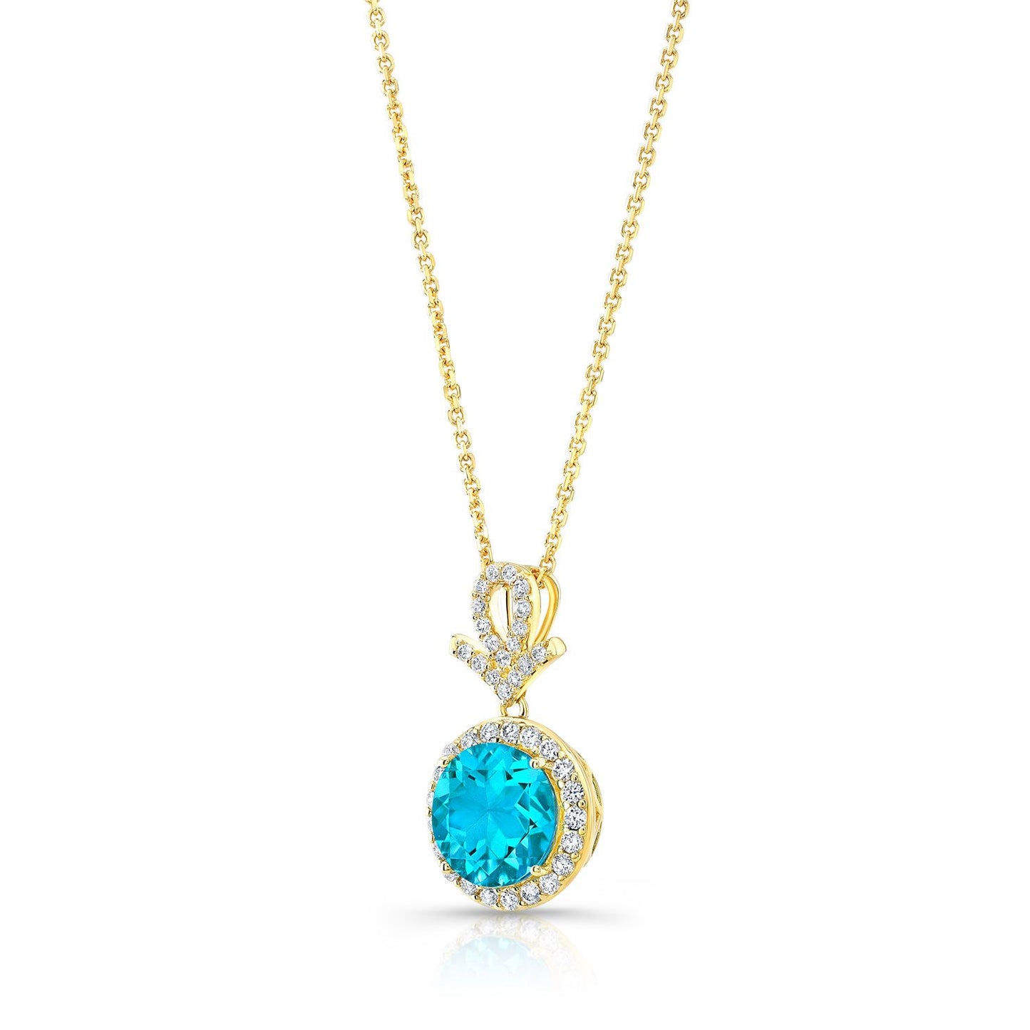 Blue Topaz And Diamond Pave Halo Pendant In 14k Yellow Gold