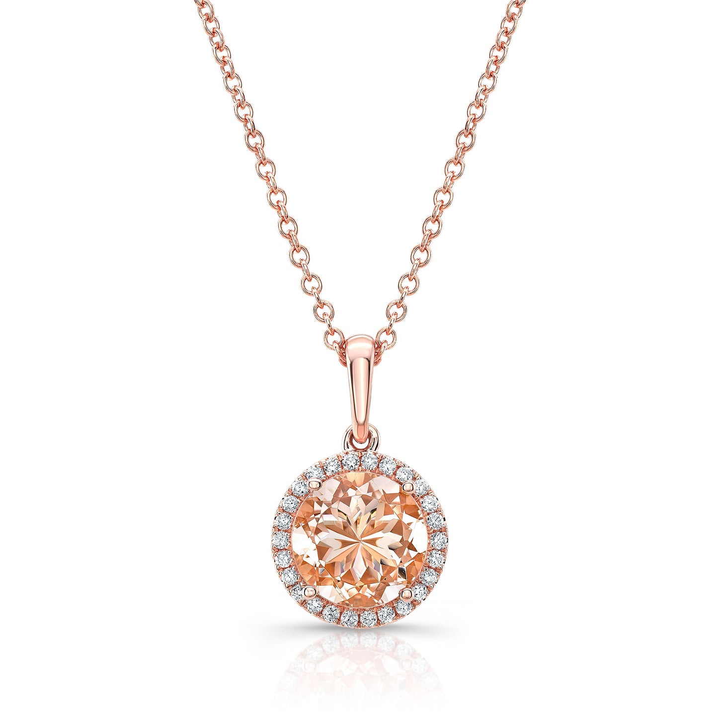 จี้ Morganite และ Diamond Round Halo ใน 14k Rose Gold 18-in Chn