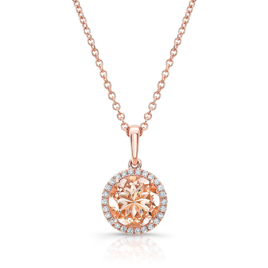 จี้ Morganite และ Diamond Round Halo ใน 14k Rose Gold 18-in Chn