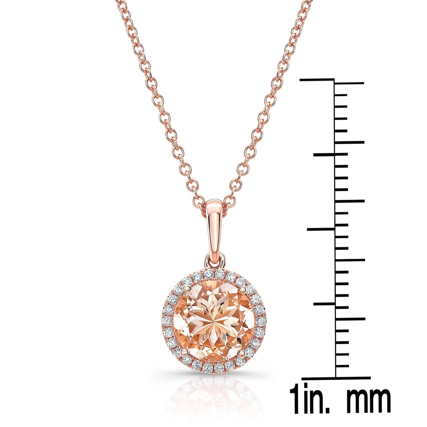 จี้ Morganite และ Diamond Round Halo ใน 14k Rose Gold 18-in Chn