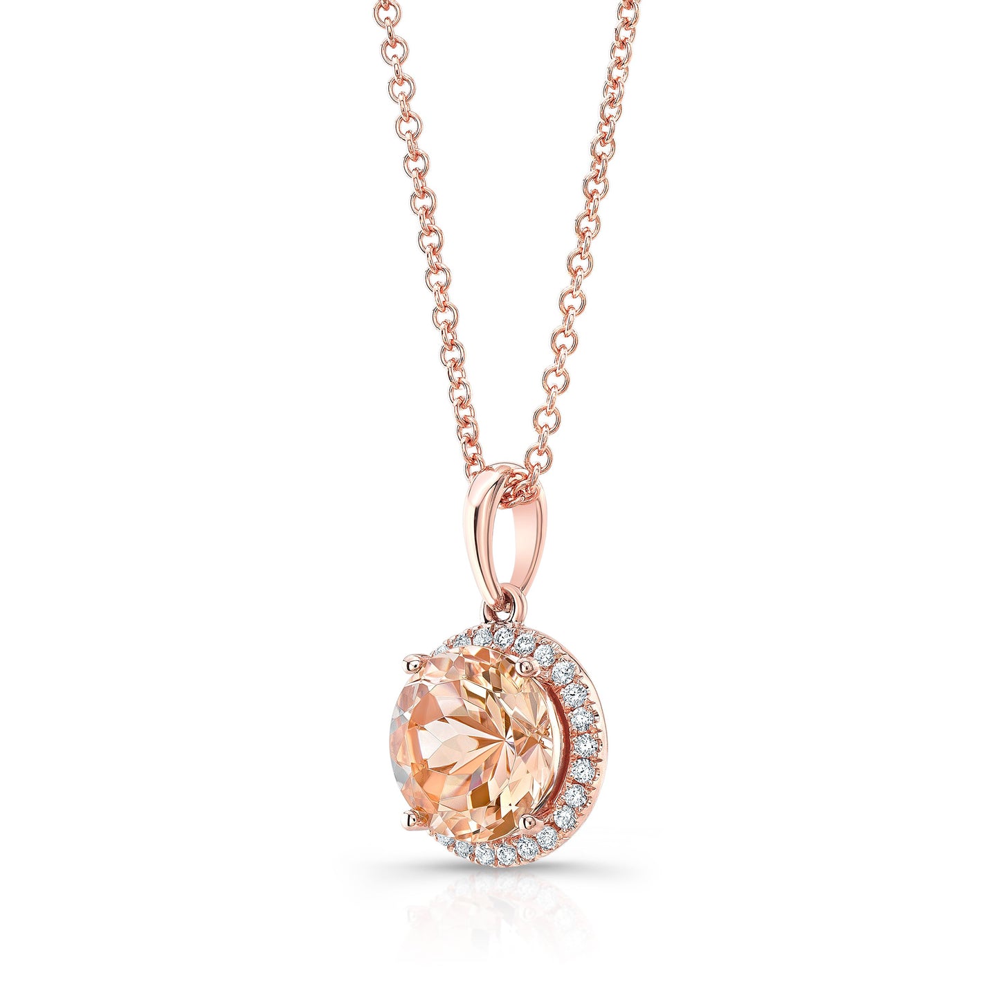 จี้ Morganite และ Diamond Round Halo ใน 14k Rose Gold 18-in Chn