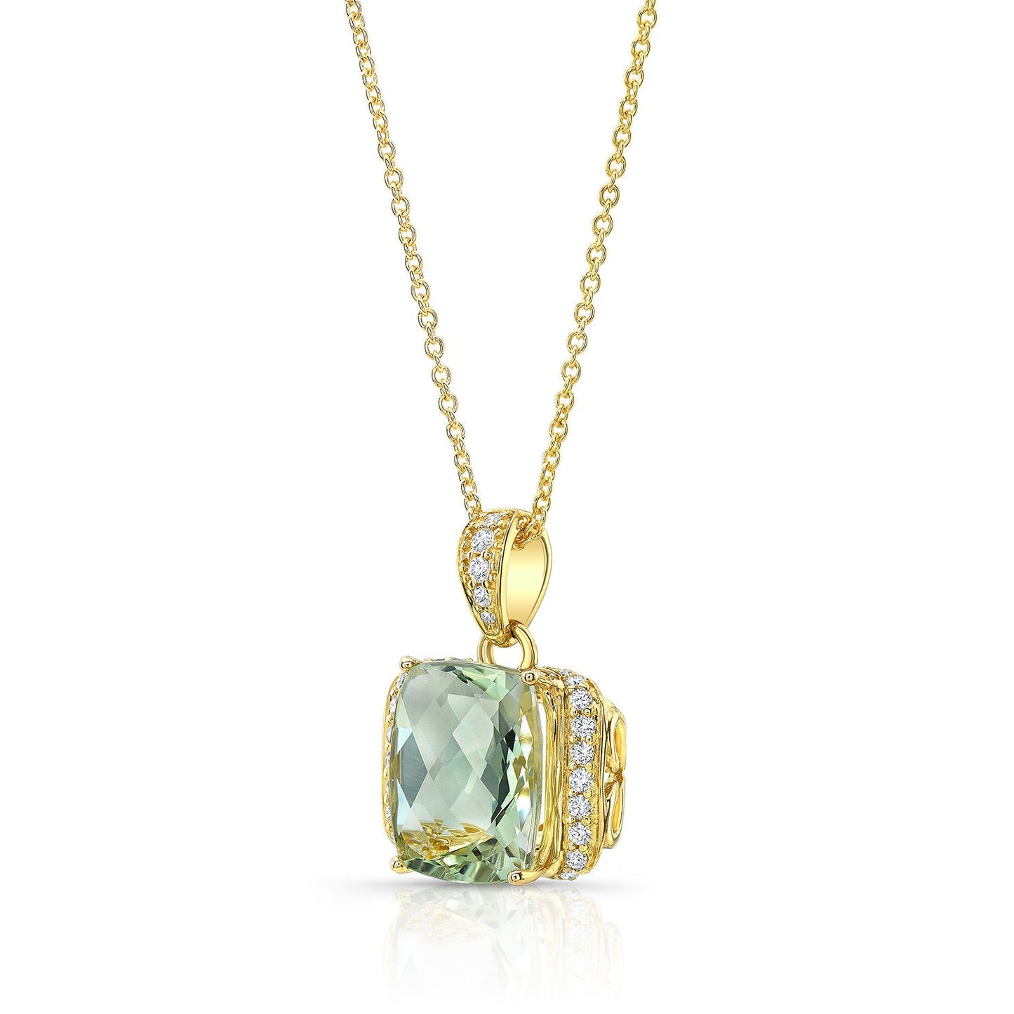 Green Quartz Cushion And Diamond Semi-halo Pendant Wit Pave Bail In 14k Yellow Gold (12x10mm)