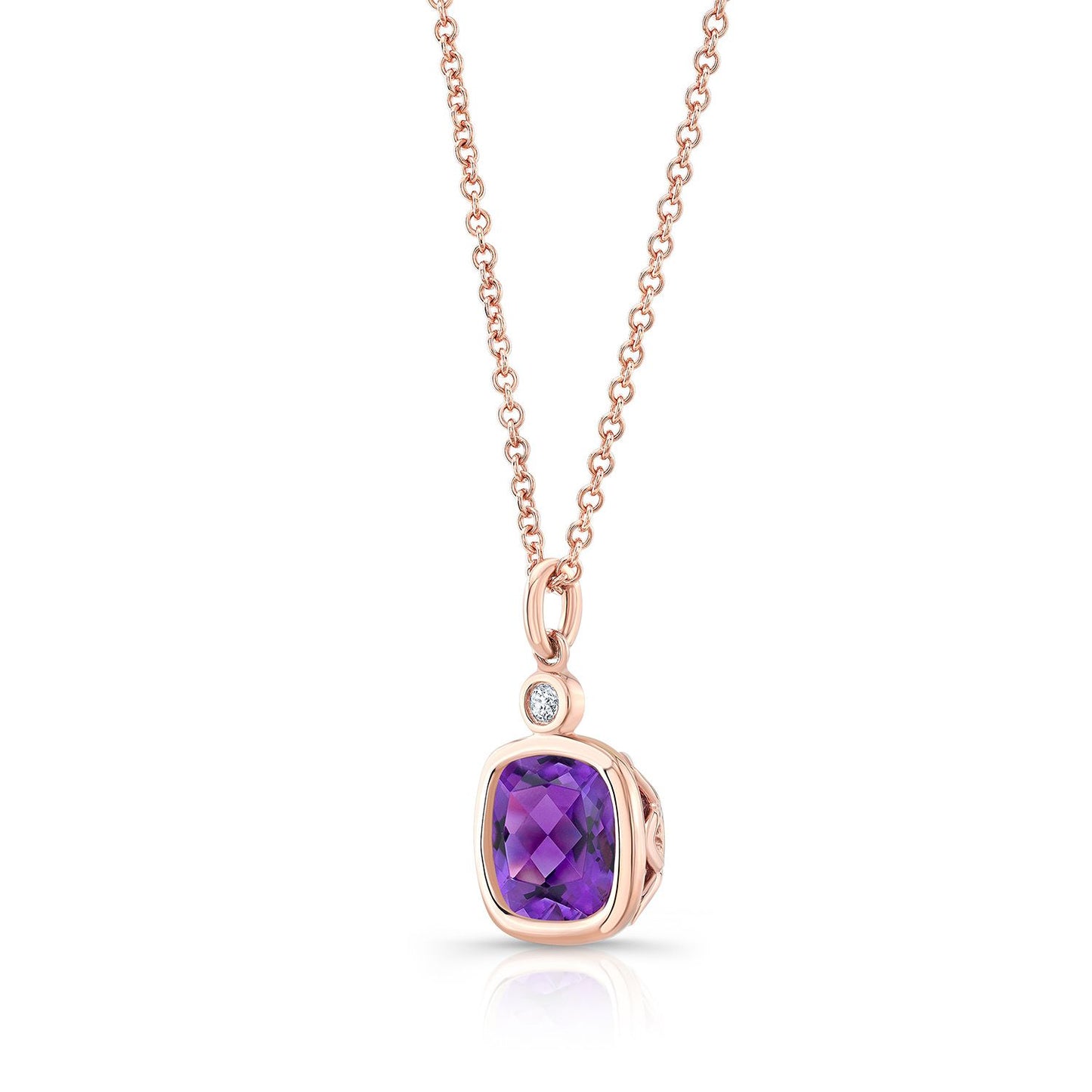 Amethyst Cushion Bezel Pendant With Single Diamond Accented Fine Bail In 14k Rose Gold (8mm) 16-18 Inch Adj Chain