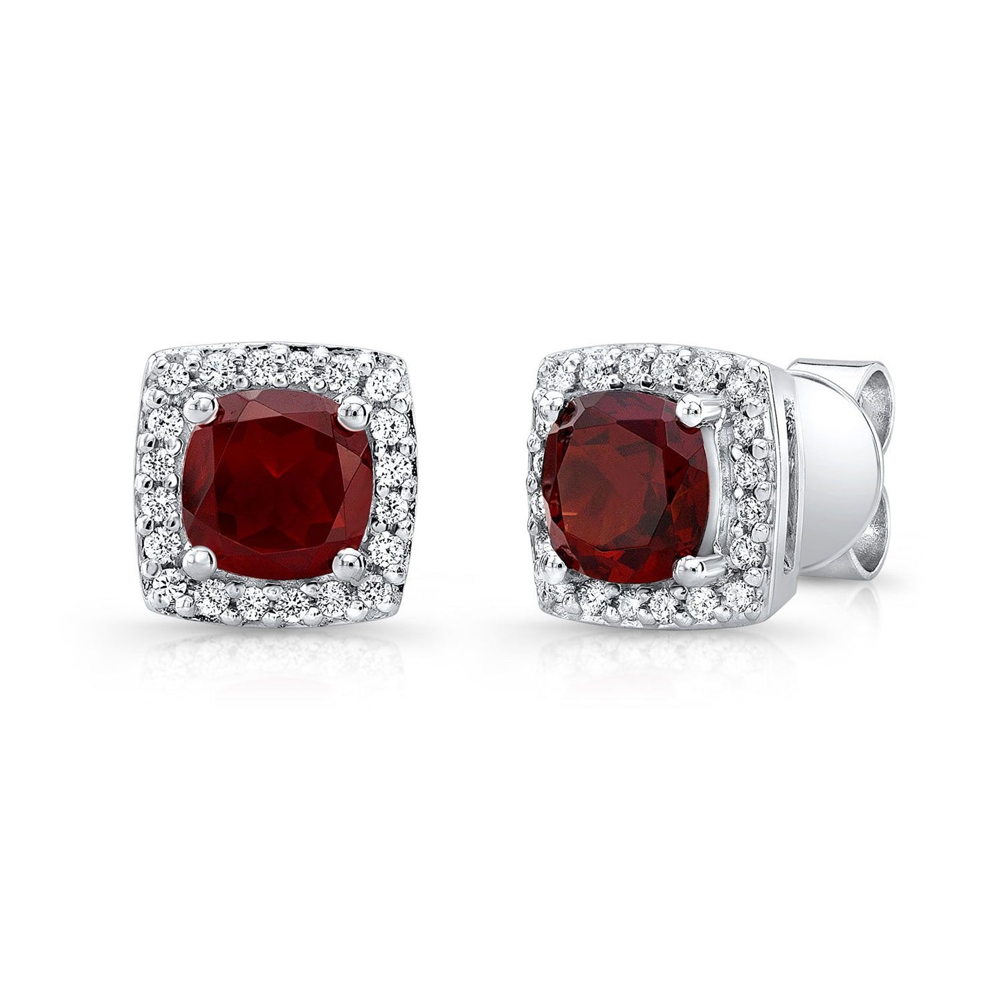 Garnet And Diamond Cushion Halo Earrings In 14k White Gold