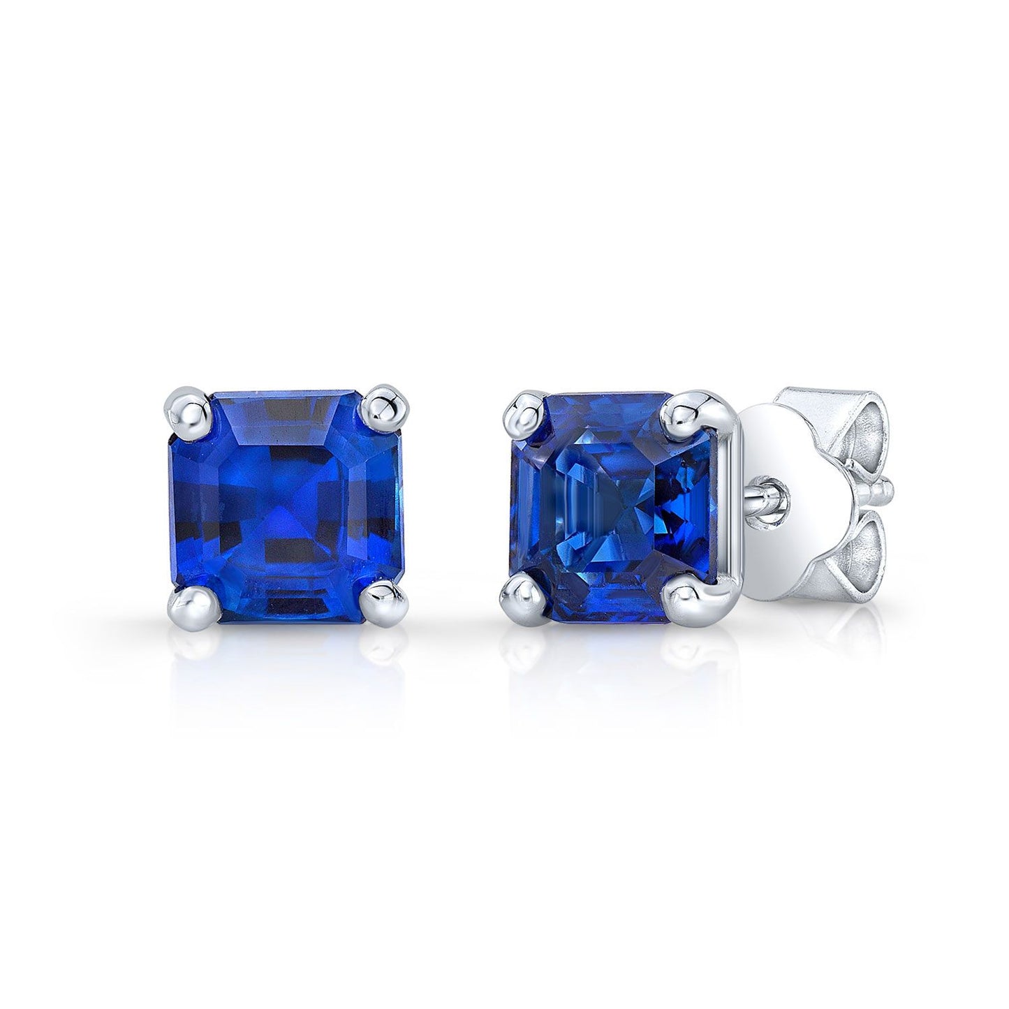 ต่างหูไพลิน Asscher Cut 4 ง่ามในทองคำขาว 14k