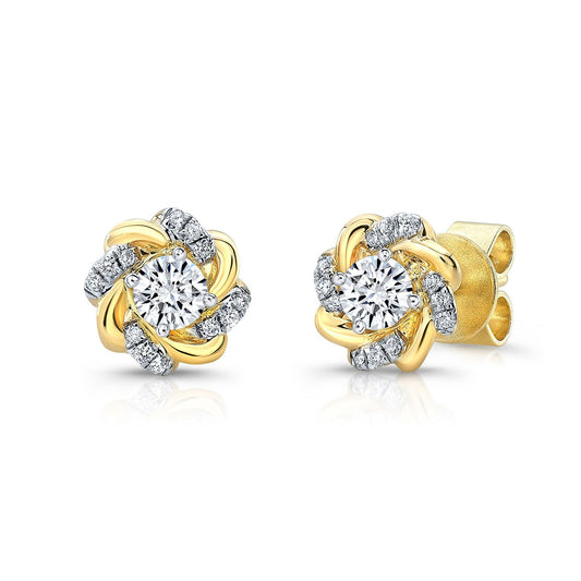Diamond Floral Swirl High-polish Accent Earrings With Round Centers In 14k Yellow Gold