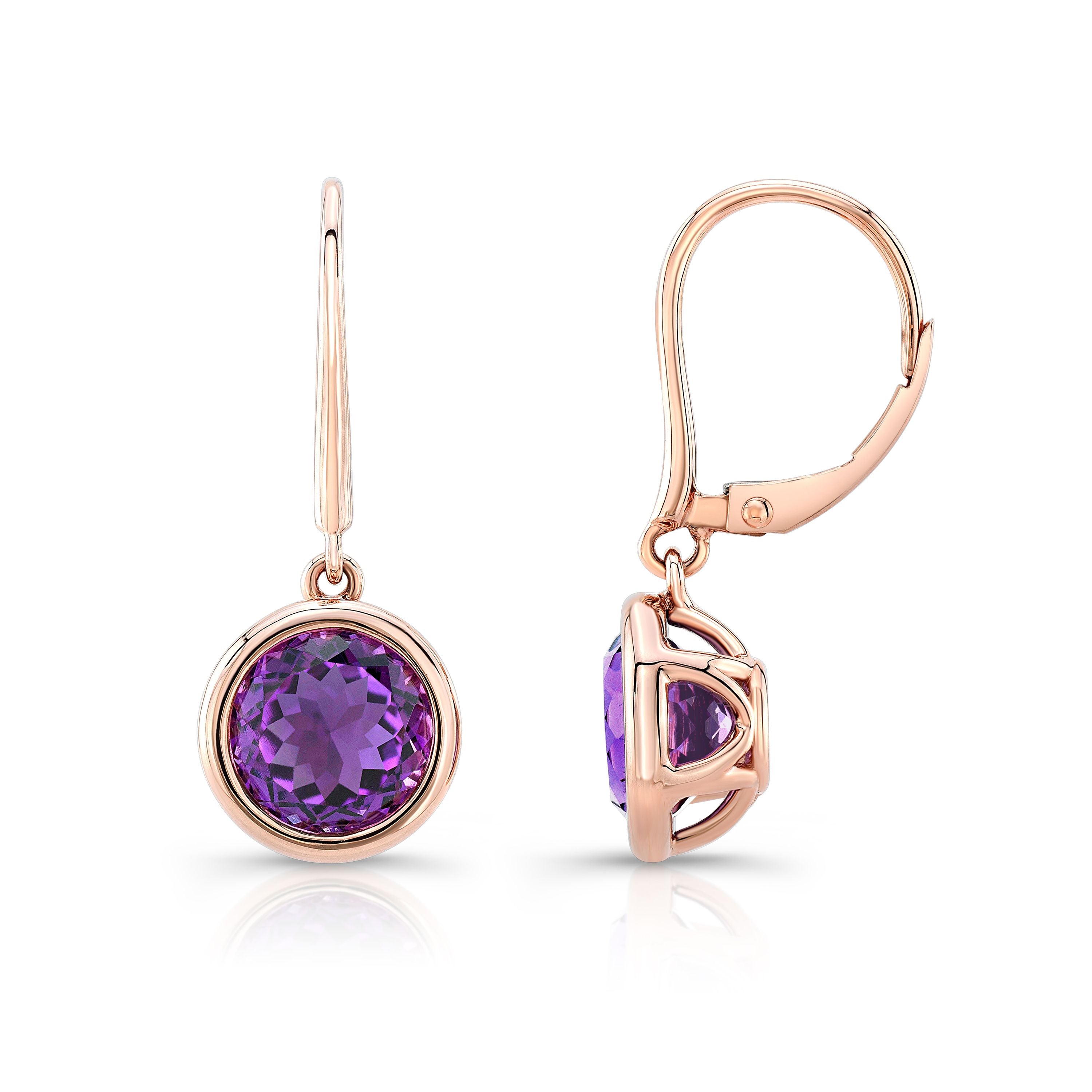 Amethyst Round Bezel Drop Earrings With Leverbacks In 14k Rose