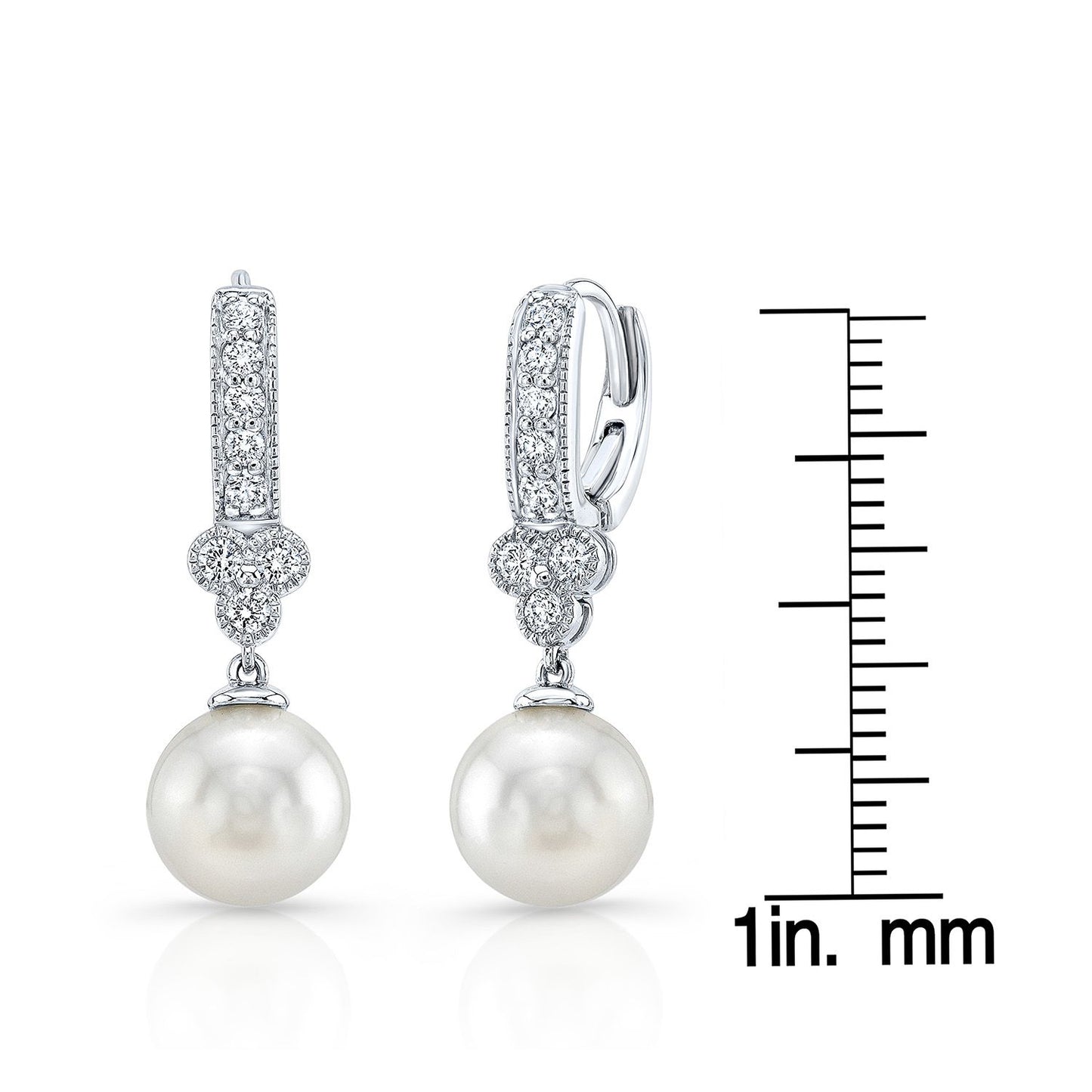 White Pearl And Diamond Dangle Earrings With Clover Top & Miillgrain Detail (8.0-8.5mm) (si)