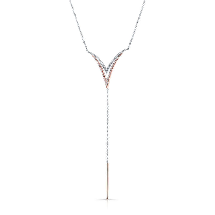 Diamond Pave Double-v และ Solid Bar Y-necklace กุหลาบทอง 14k และทองคำขาว (16-18 ใน Adj Chn)