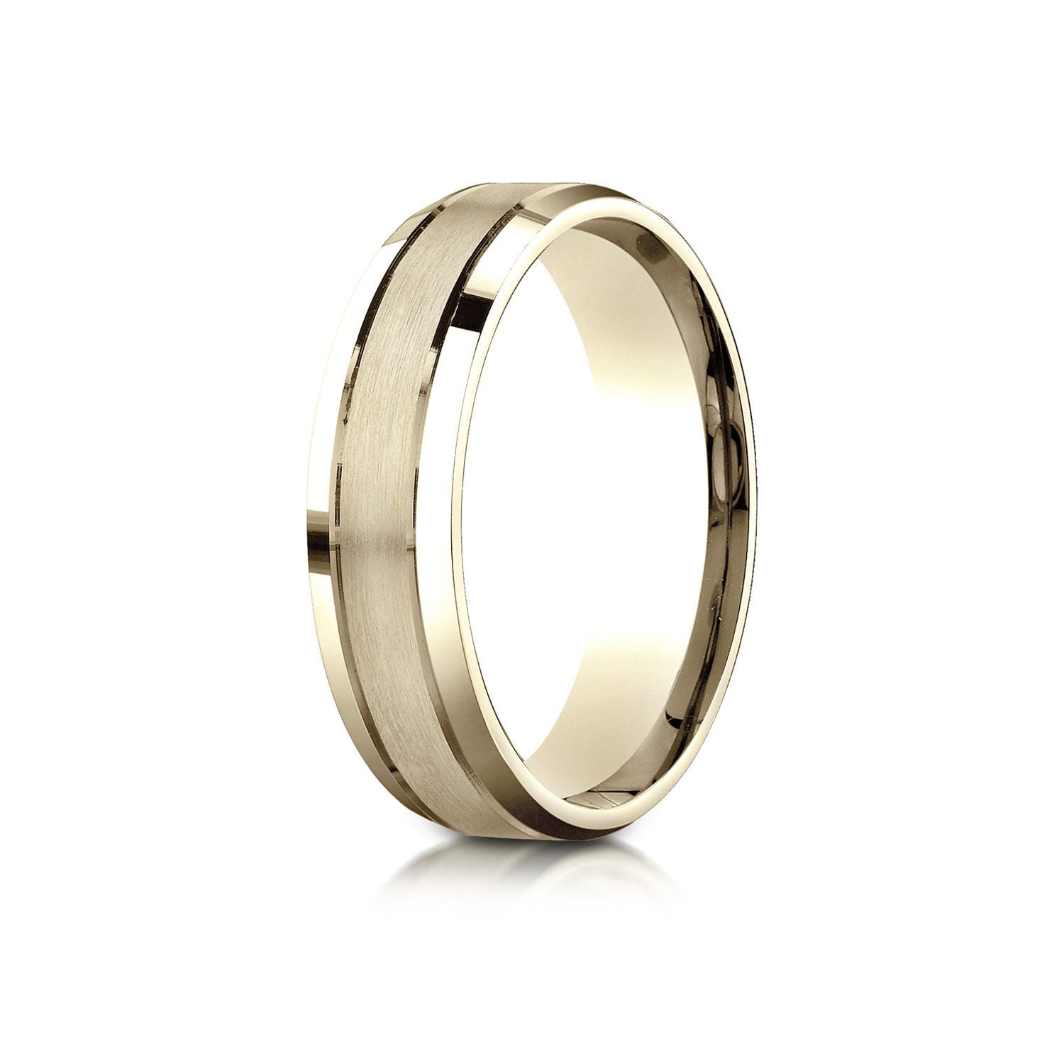 18k Yellow Gold 6mm Comfort-fit Satin-finished High Polished Beveled Edge Carved Design Band