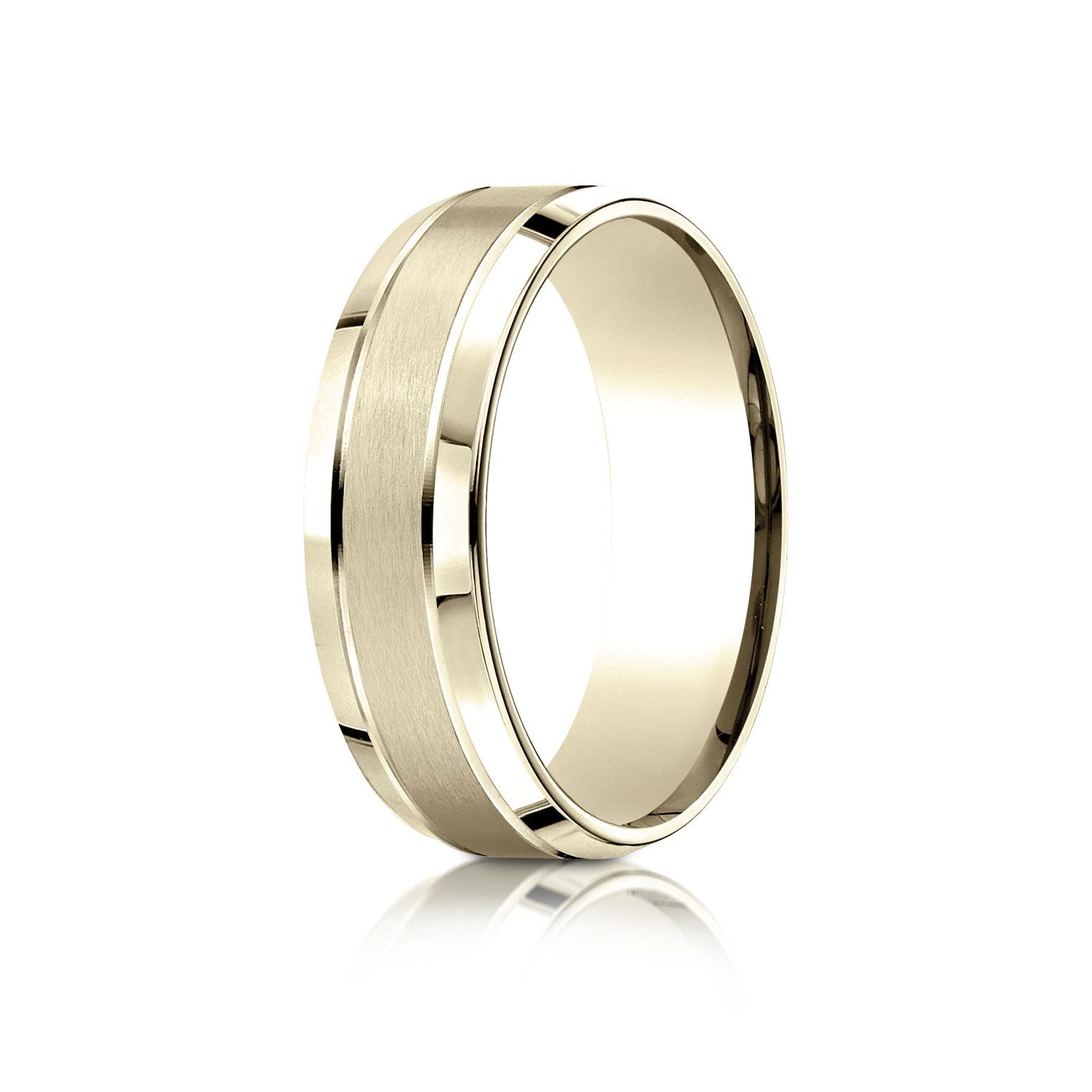 18k Yellow Gold 7mm Comfort-fit Satin-finished High Polished Beveled Edge Carved Design Band