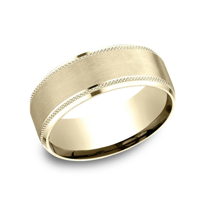 14k Yellow Gold 8 มม. Comfort Fit Knurled Drop Bevel สายดีไซน์ซาตินเสร็จสิ้น