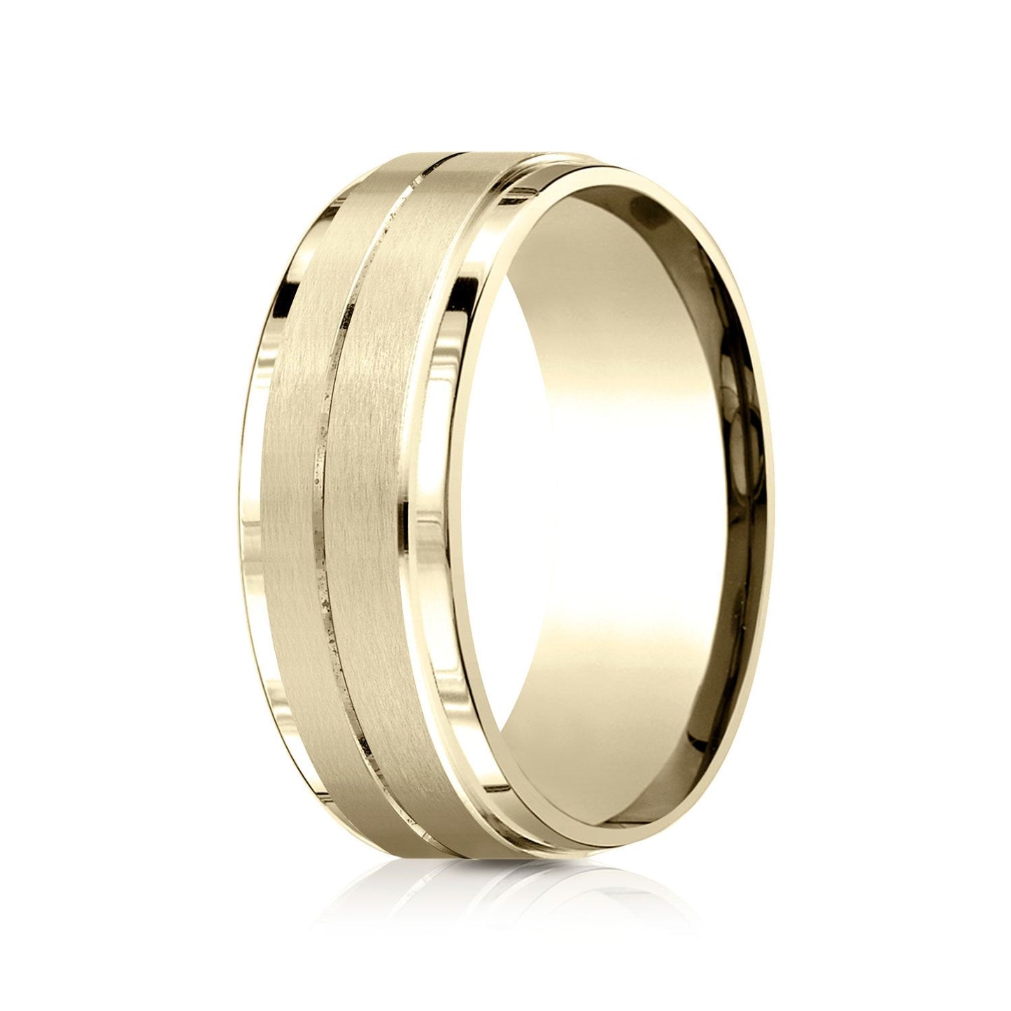 14k เยลโลว์โกลด์ 8 มม. Comfort Fit Drop Bevel Satin Finish Band แบบดีไซน์ตรงกลาง