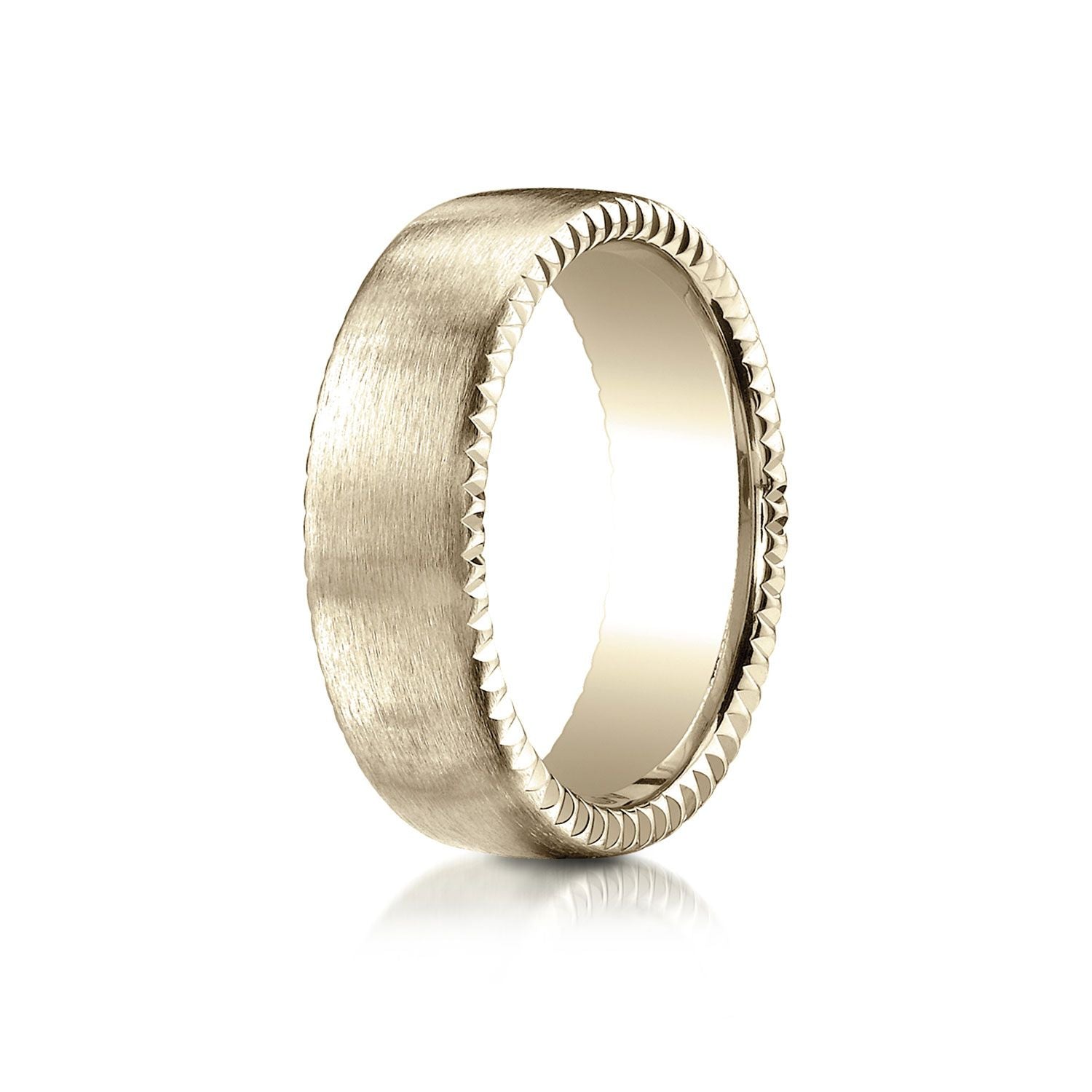 14k Yellow Gold 7.5mm Comfort-fit Satin-finished Rivet Coin Edging Carved Design Band