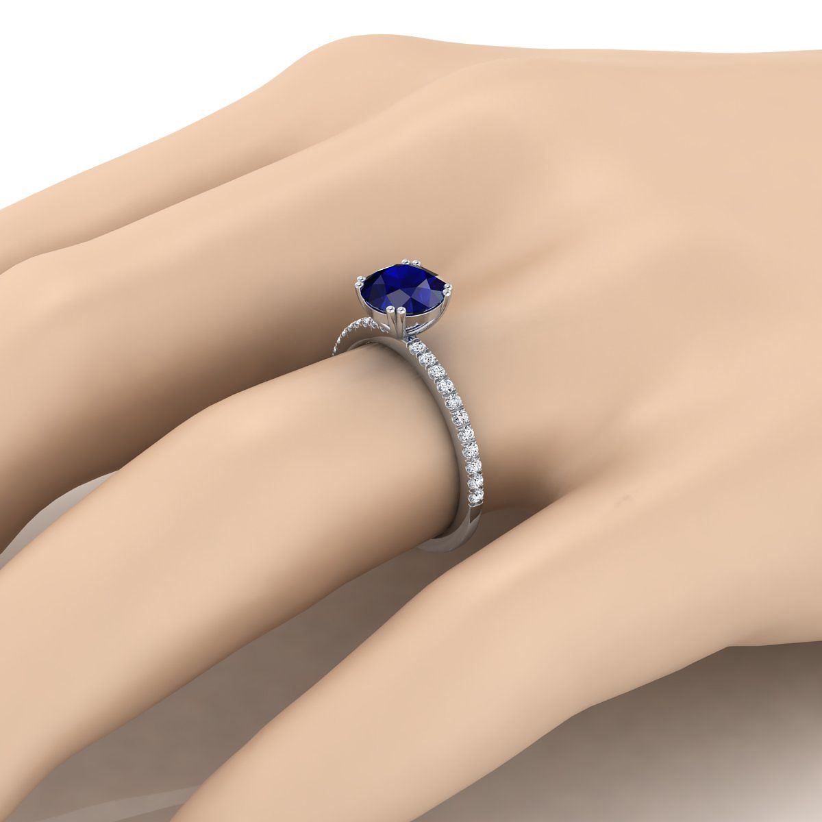 แหวนแพลทินัมทรงกลมไพลินไพลิน Simple French Pave Double Claw Prong Diamond Engagement Ring -1/6ctw