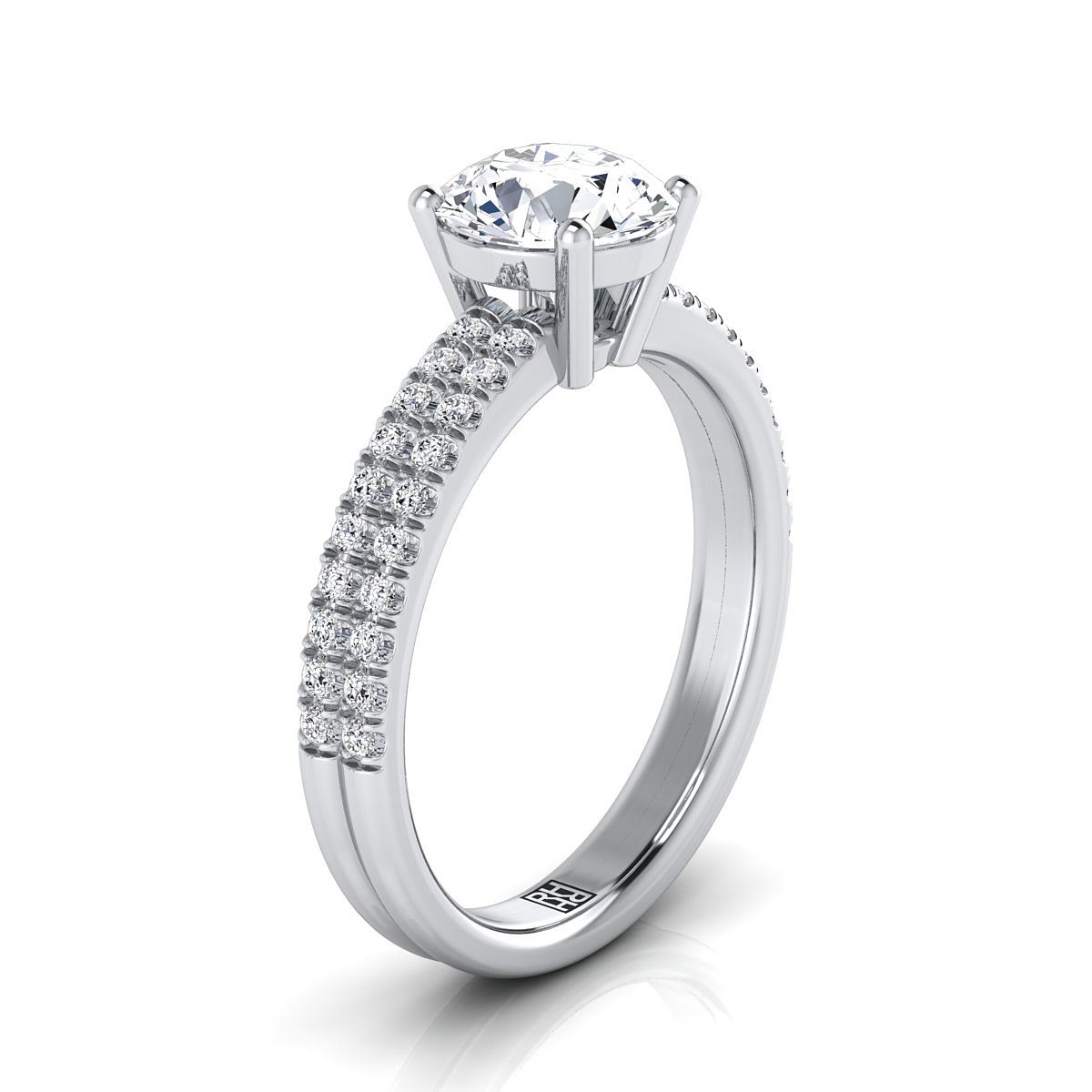 18K White Gold Round Brilliant Morganite Double Pave Diamond Row Engagement Ring -1/4ctw