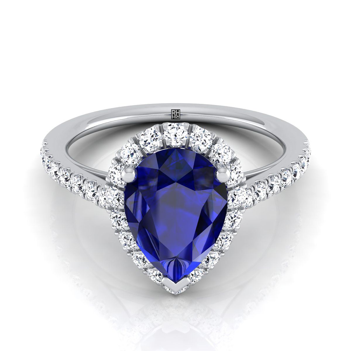 แหวนหมั้นเพชร 14K White Gold Pear Shape Center Sapphire Petite Halo French Diamond Pave -3/8ctw