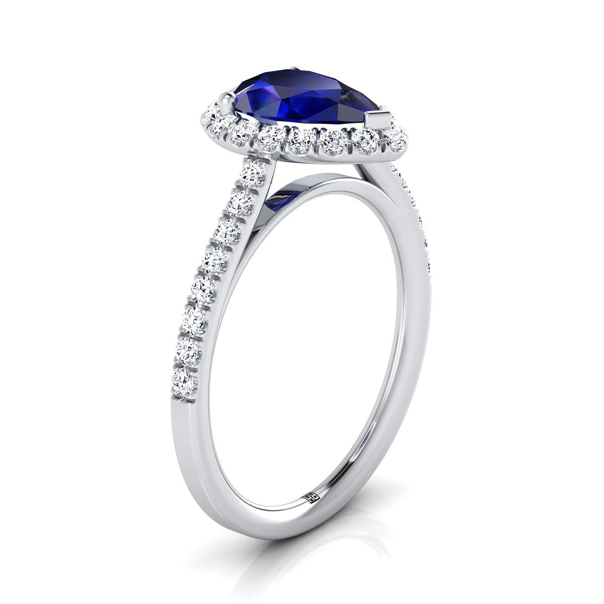 แหวนหมั้นเพชร 14K White Gold Pear Shape Center Sapphire Petite Halo French Diamond Pave -3/8ctw