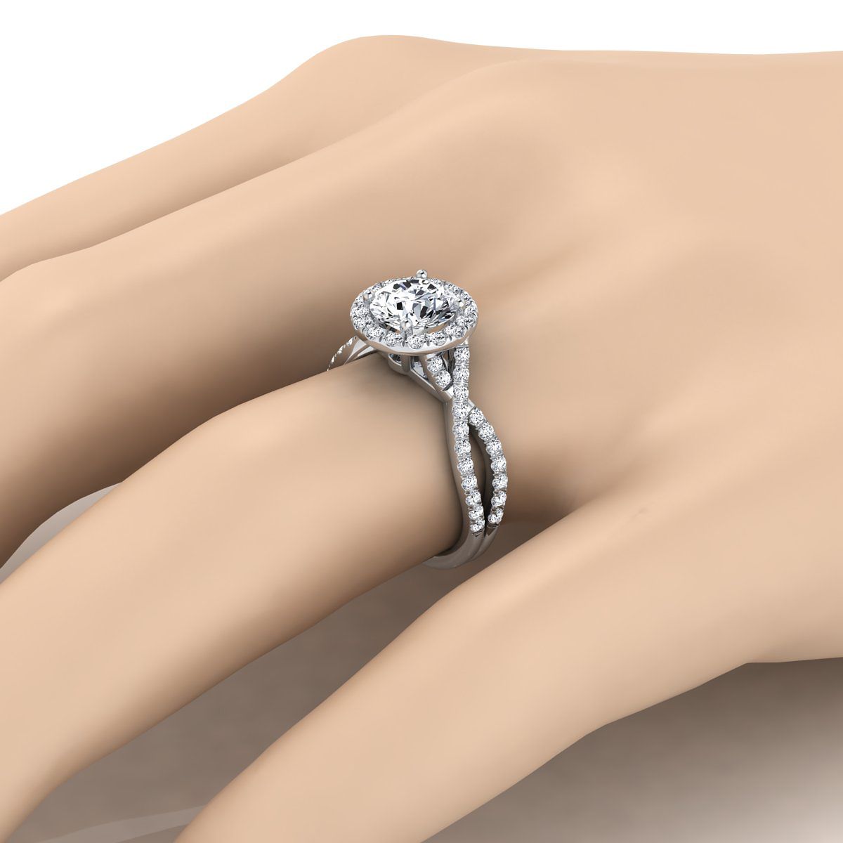 18K White Gold Round Brilliant Morganite  Twisted Scalloped Pavé Diamonds Halo Engagement Ring -1/2ctw