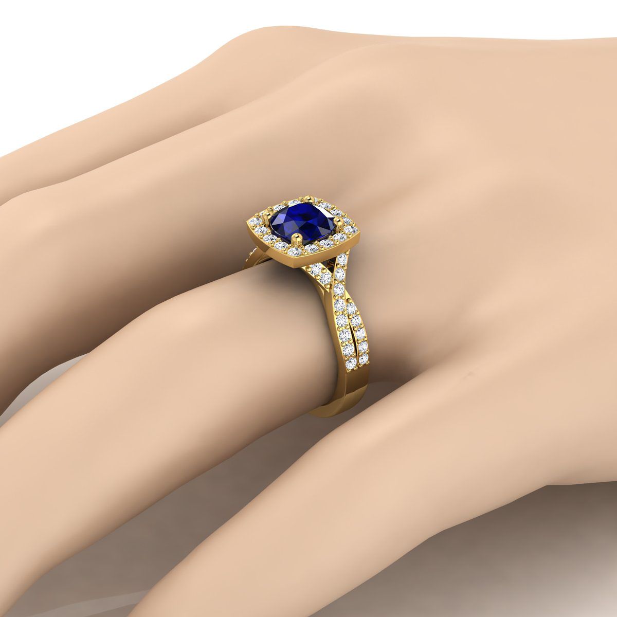 18K สีเหลืองทอง Round Brilliant Sapphire Twisted Scalloped Pavé Diamond Halo แหวนหมั้น -3/8ctw