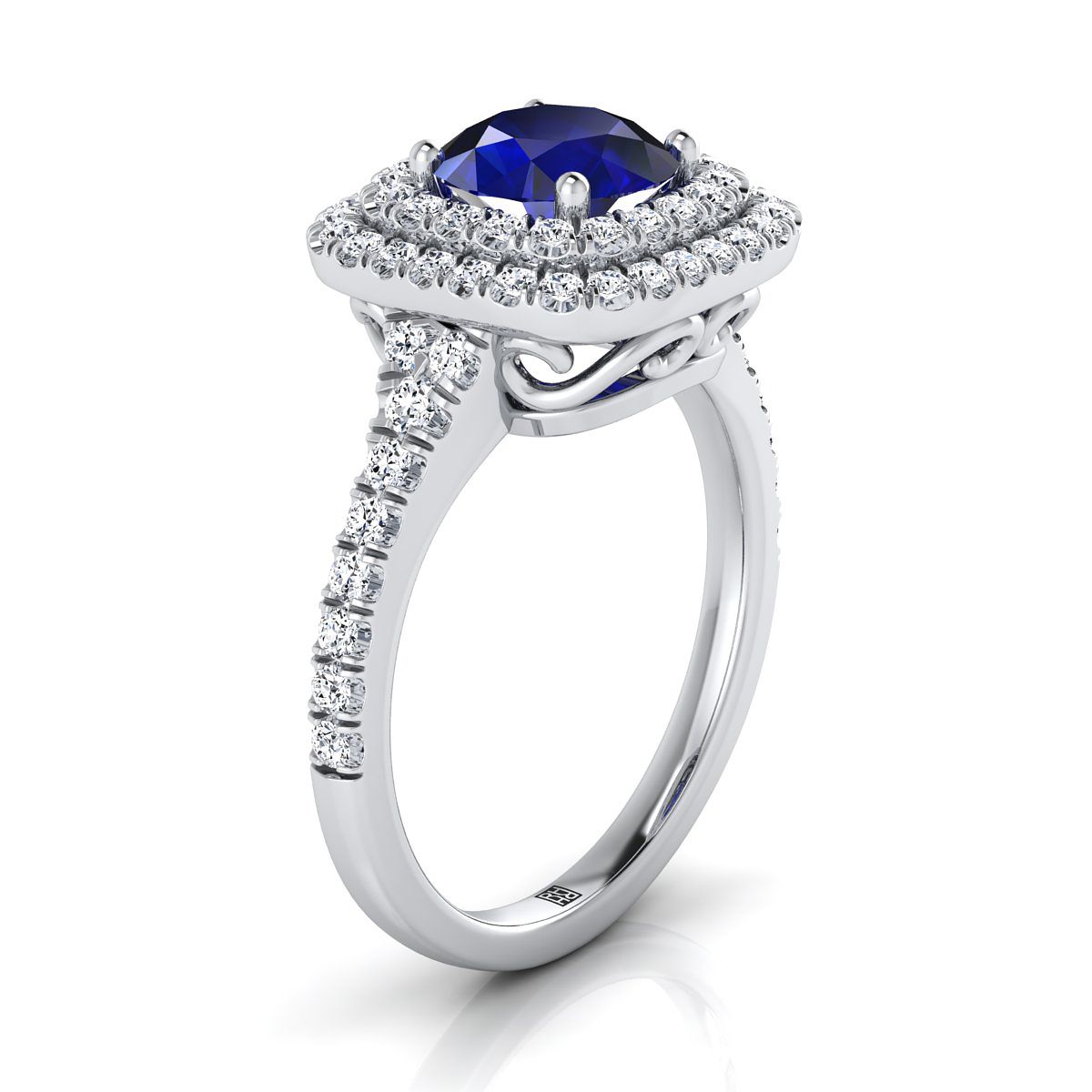 Platinum Round Brilliant Sapphire Double Halo with Scalloped Pavé Diamond Engagement Ring -1/2ctw