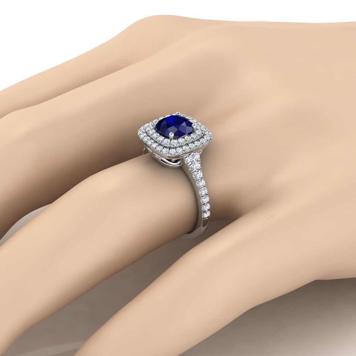Platinum Round Brilliant Sapphire Double Halo with Scalloped Pavé Diamond Engagement Ring -1/2ctw