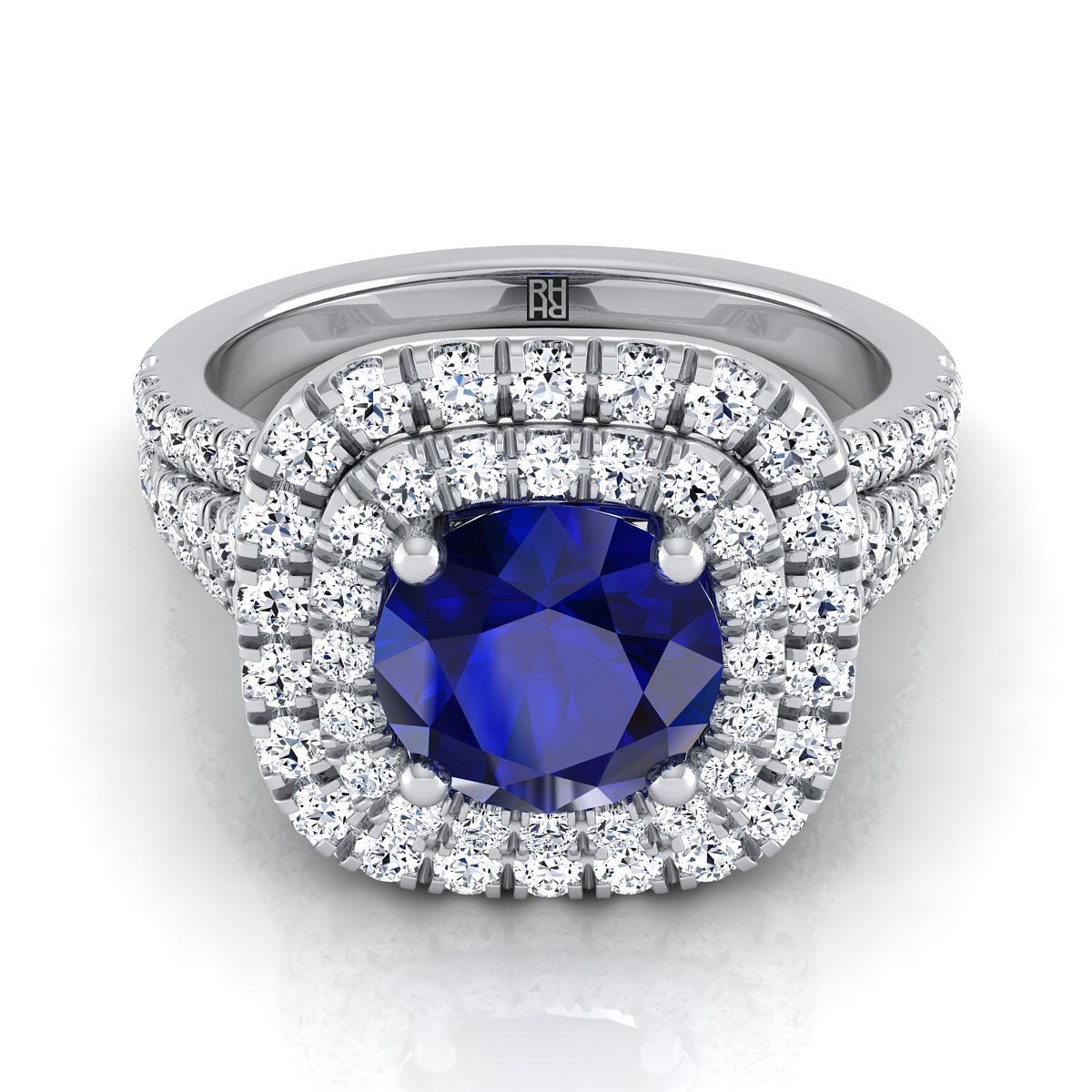 Platinum Round Brilliant Sapphire สี่แถวแยก Shank Pave Double Halo แหวนหมั้นเพชร -7/8ctw