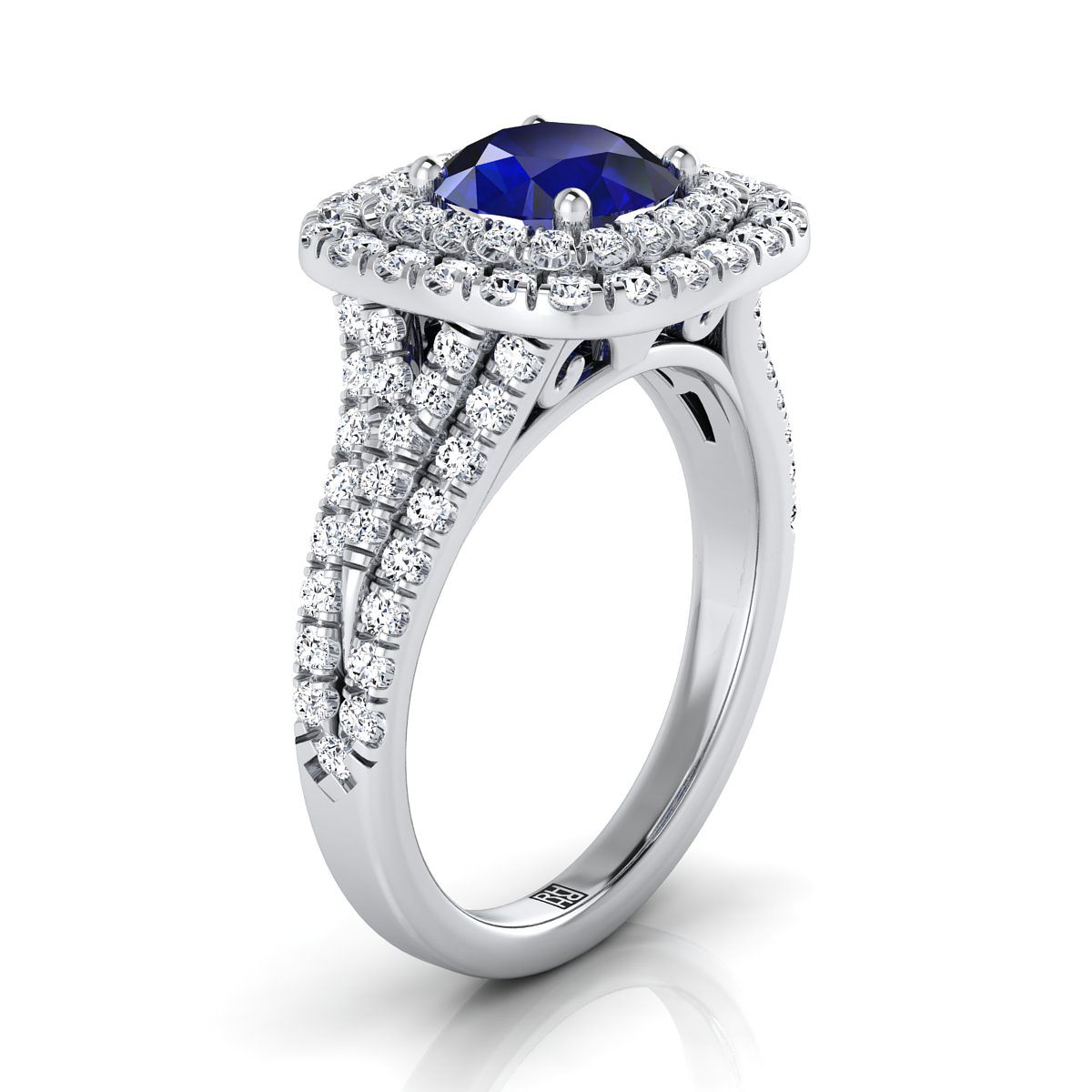 Platinum Round Brilliant Sapphire สี่แถวแยก Shank Pave Double Halo แหวนหมั้นเพชร -7/8ctw