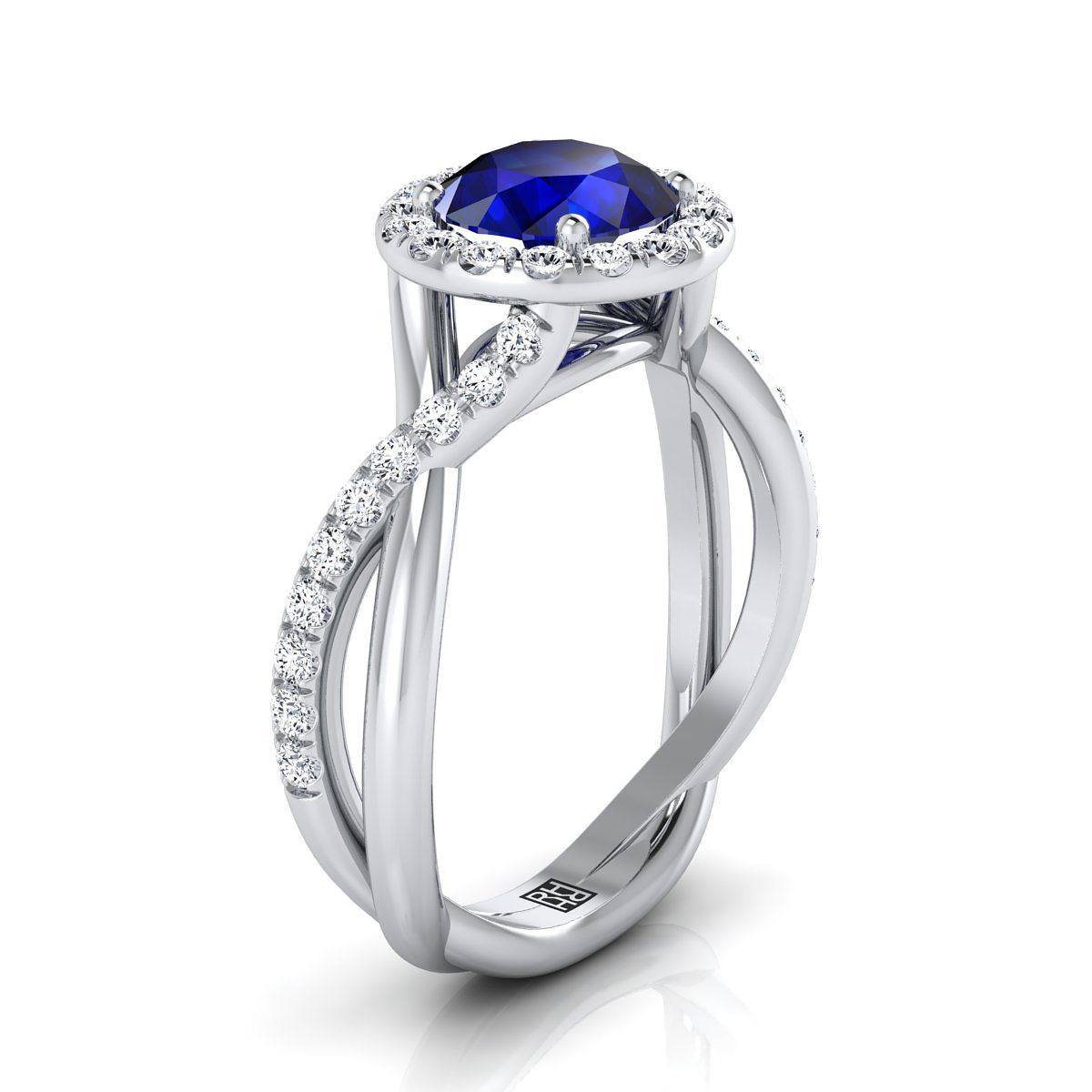แหวนแพลทินัมทรงกลมไพลินไพลิน Twisted Vine Diamond Halo Engagement Ring -1/2ctw