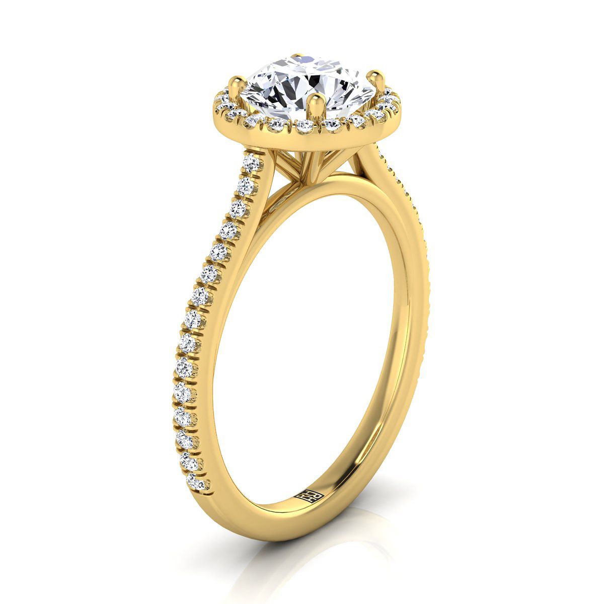 14K Yellow Gold Round Brilliant Classic French Pave Halo และ Linear Engagement Ring -1/4ctw