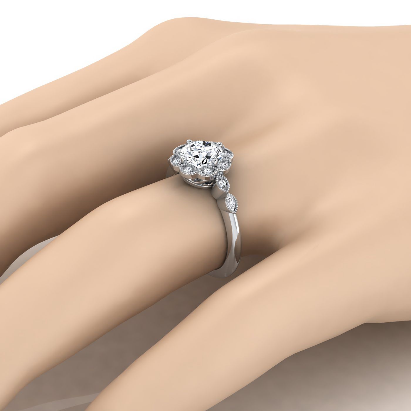แหวนแพลตตินัมกลมสดใสโบราณประดับด้วยลูกปัดดอกไม้รัศมีและแหวนหมั้นใบไม้ -3/8ctw