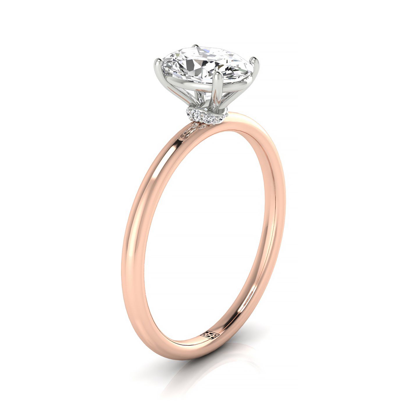 14kr Oval Solitaire Engagement Ring With Lower Hidden Halo Curved With 8 Prong Set Round Diamonds