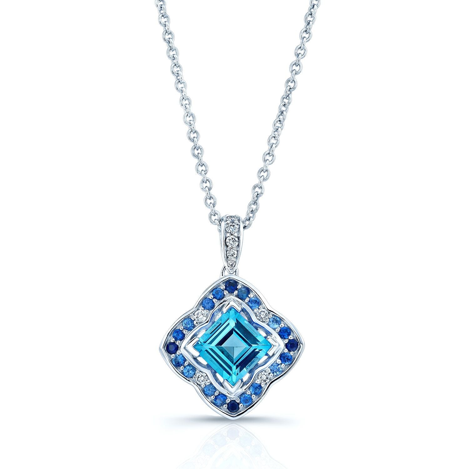 Swiss Blue Topaz, Sapphire And Diamond Pendant In 14k White Gold