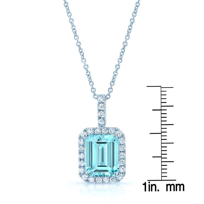 Aquamarine and Diamond Emerald Cut Halo Pendant in 14K White Gold 10x8mm Center