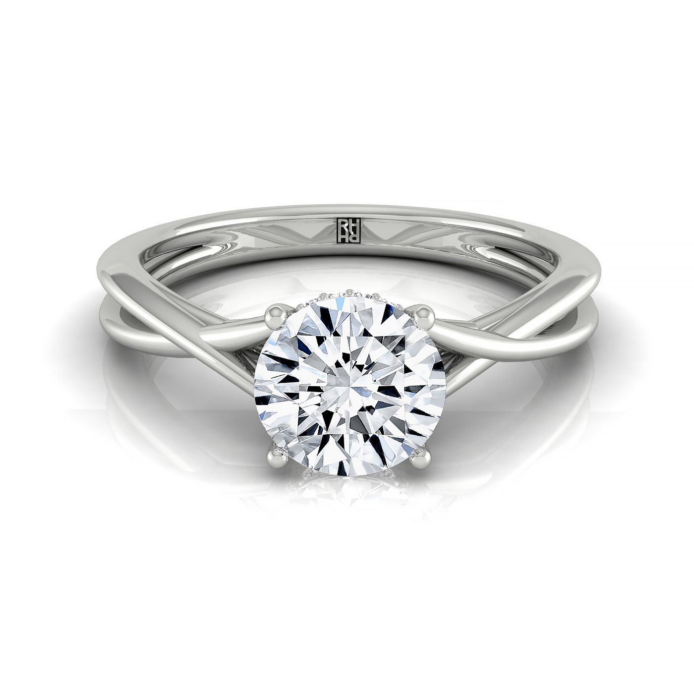 18kw Round Twisted Shank Hidden Halo Solitaire Engagement Ring With 16 Prong Set Round Diamonds