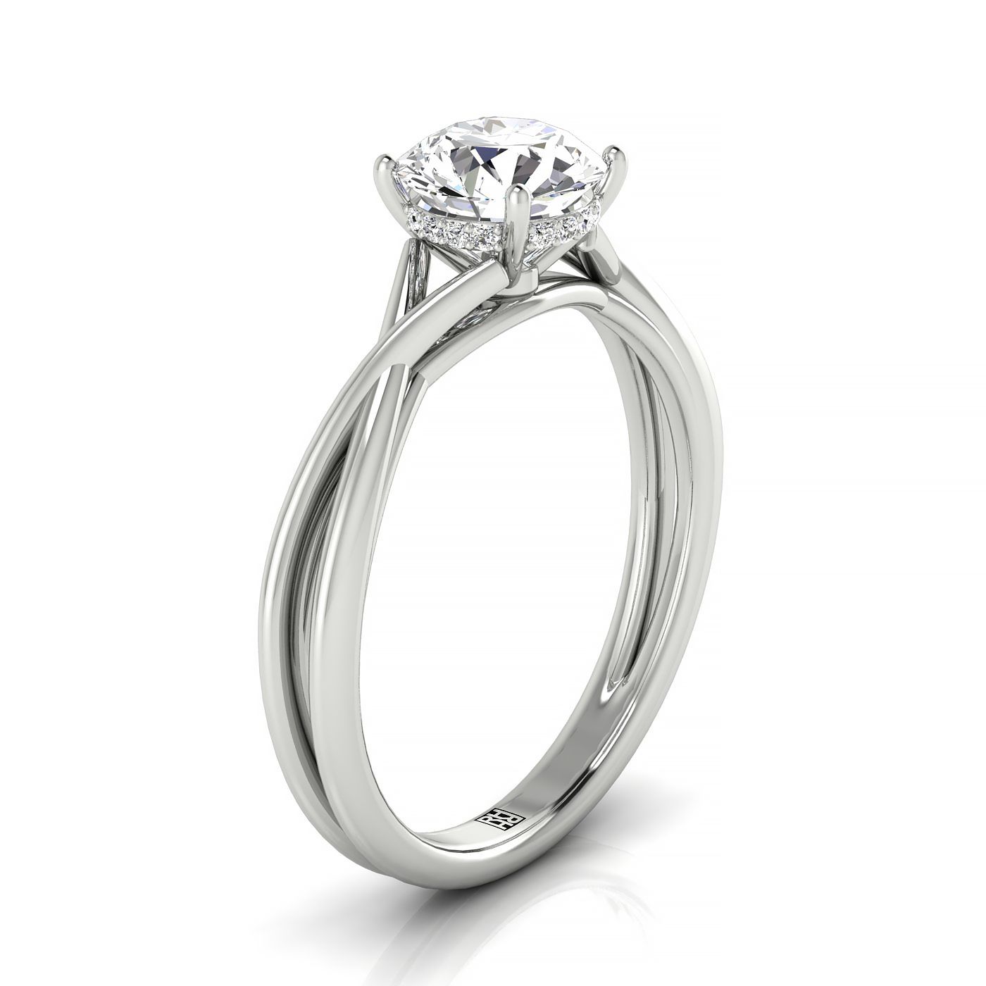 18kw Round Twisted Shank Hidden Halo Solitaire Engagement Ring With 16 Prong Set Round Diamonds