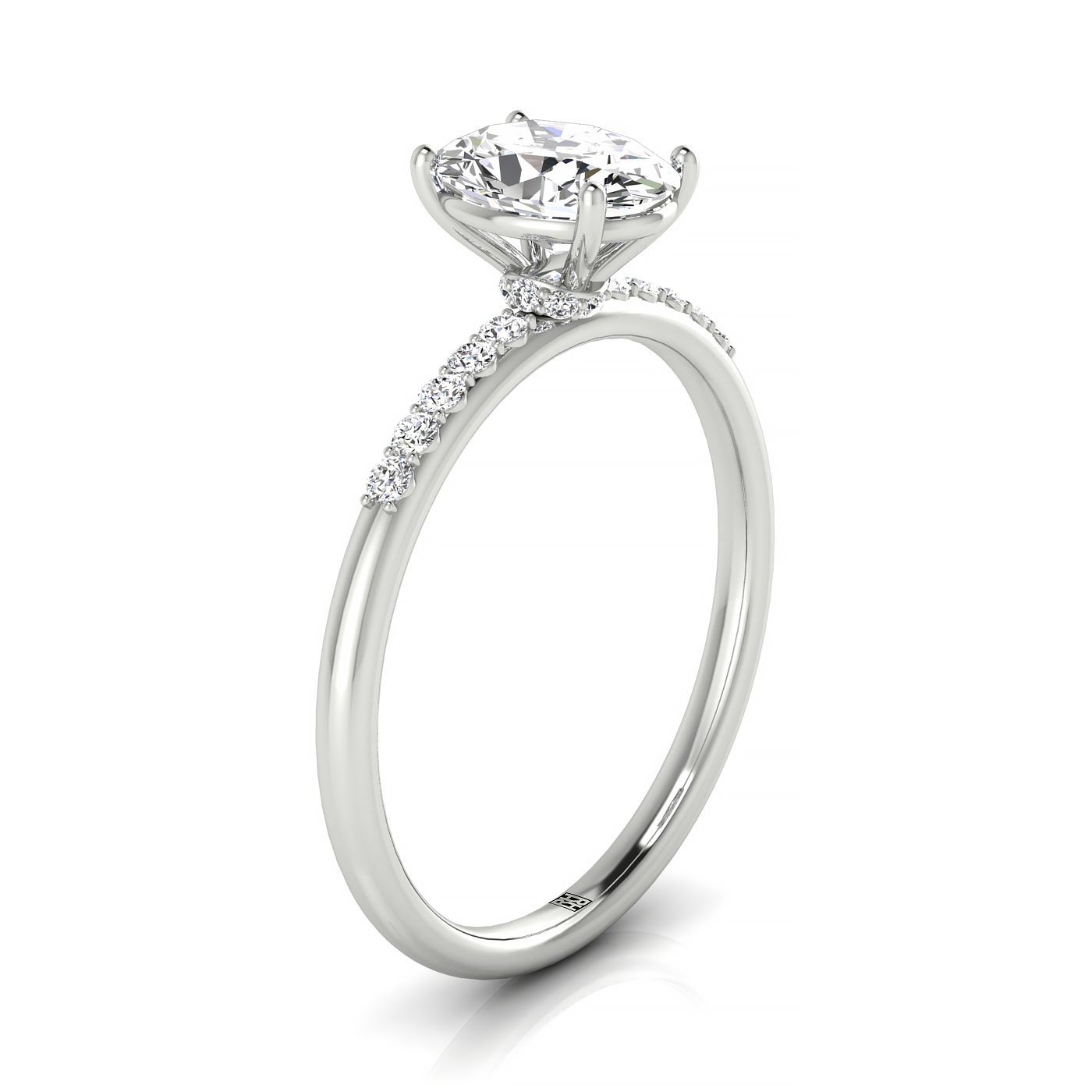 14kw Oval Hidden Halo Quarter Shank Engagement Ring With 18 Prong Set Round Diamonds