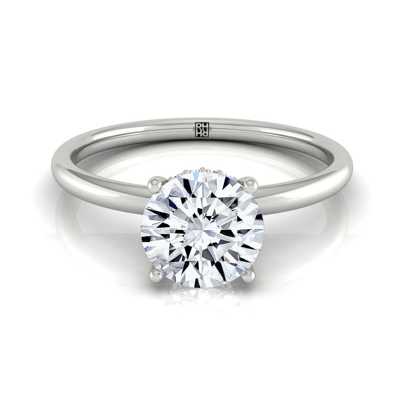 18kw Round Solitaire Engagement Ring With Upper Hidden Halo With 16 Prong Set Round Diamonds