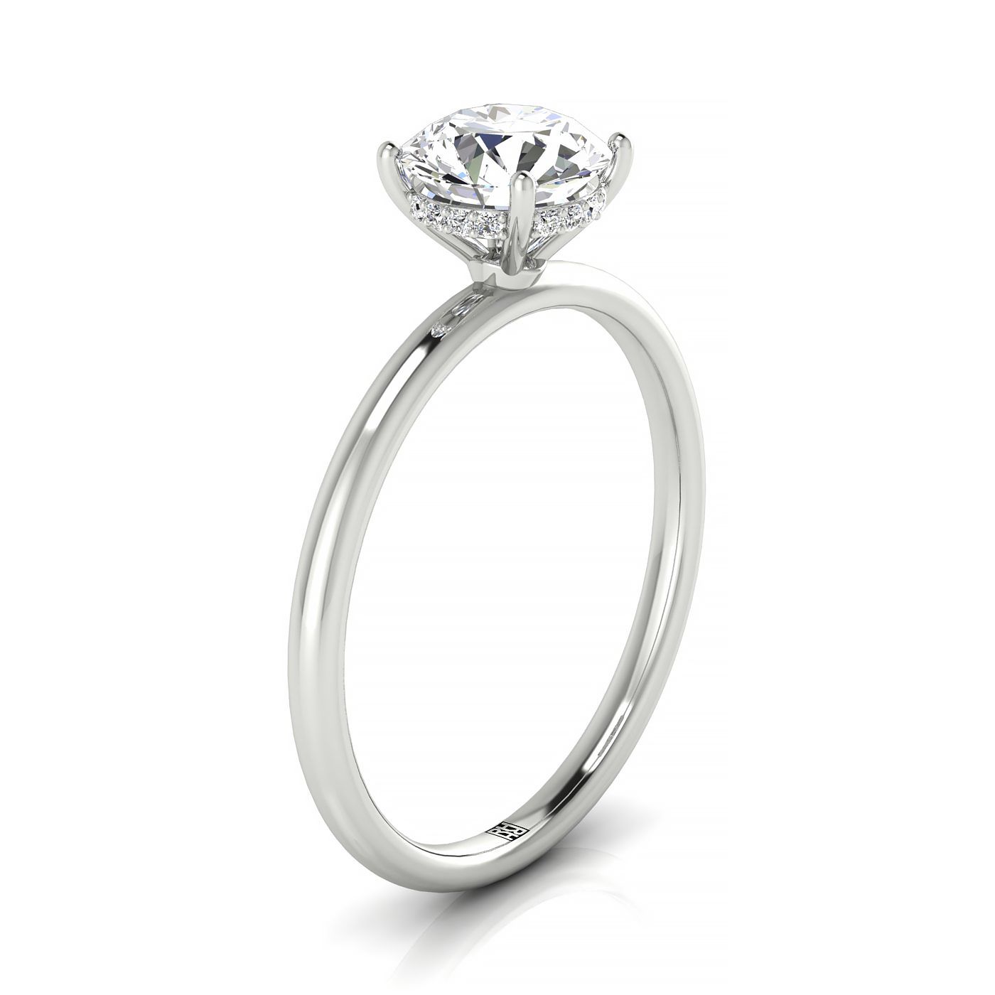 18kw Round Solitaire Engagement Ring With Upper Hidden Halo With 16 Prong Set Round Diamonds