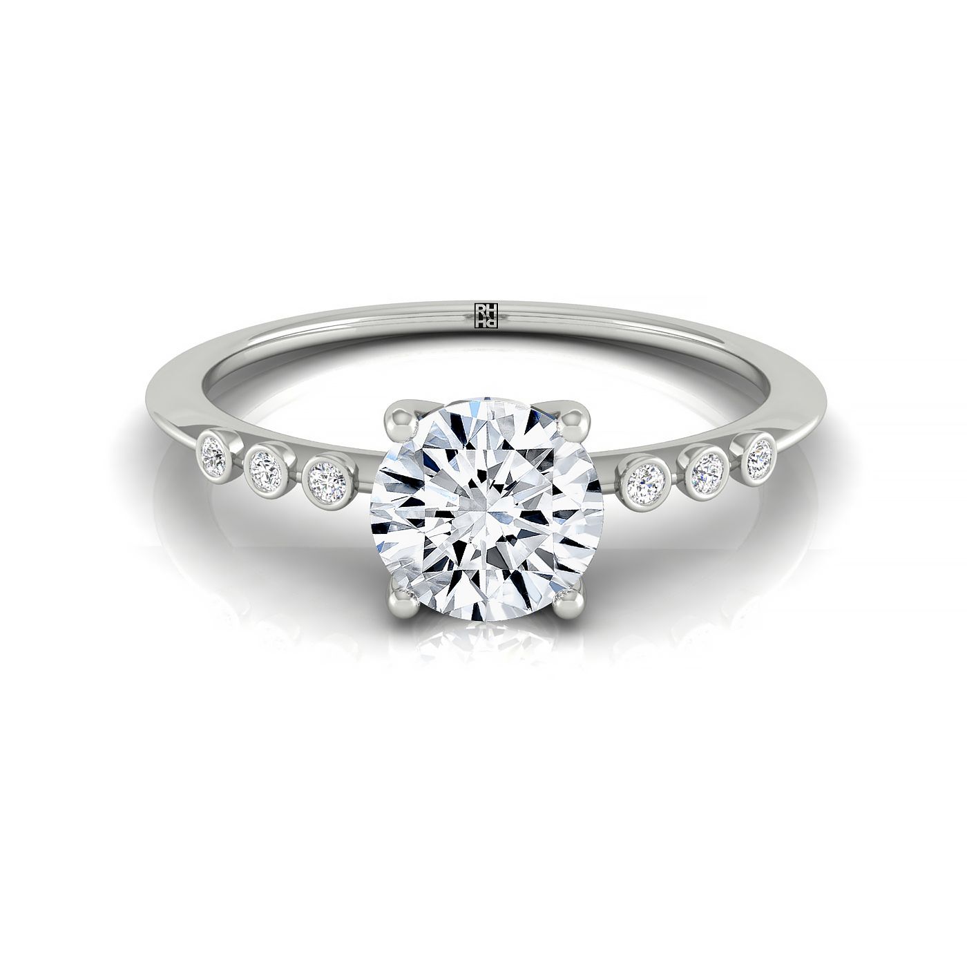 14kw Round Engagement Ring With 6 Bezel Set Round Diamonds On Shank