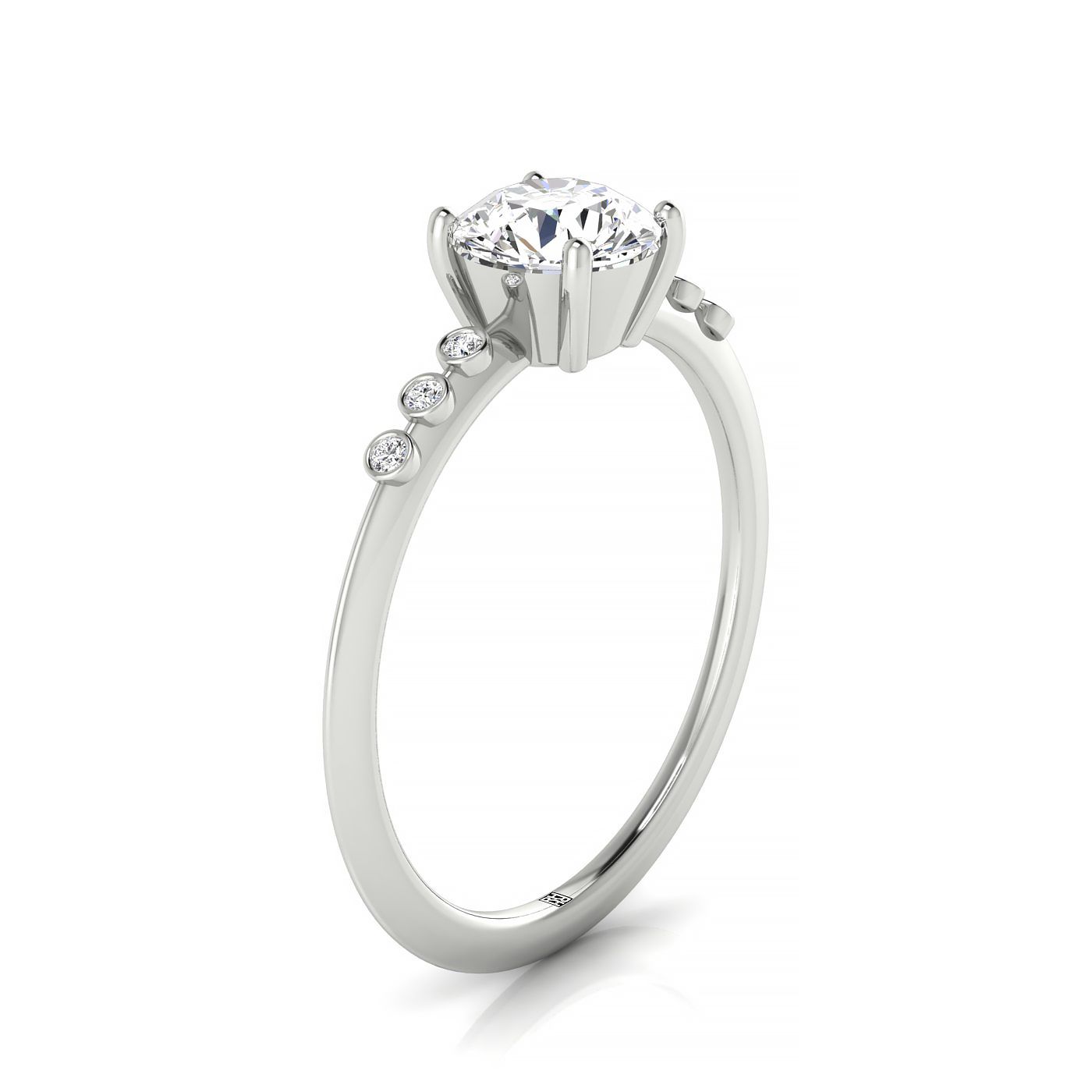 14kw Round Engagement Ring With 6 Bezel Set Round Diamonds On Shank