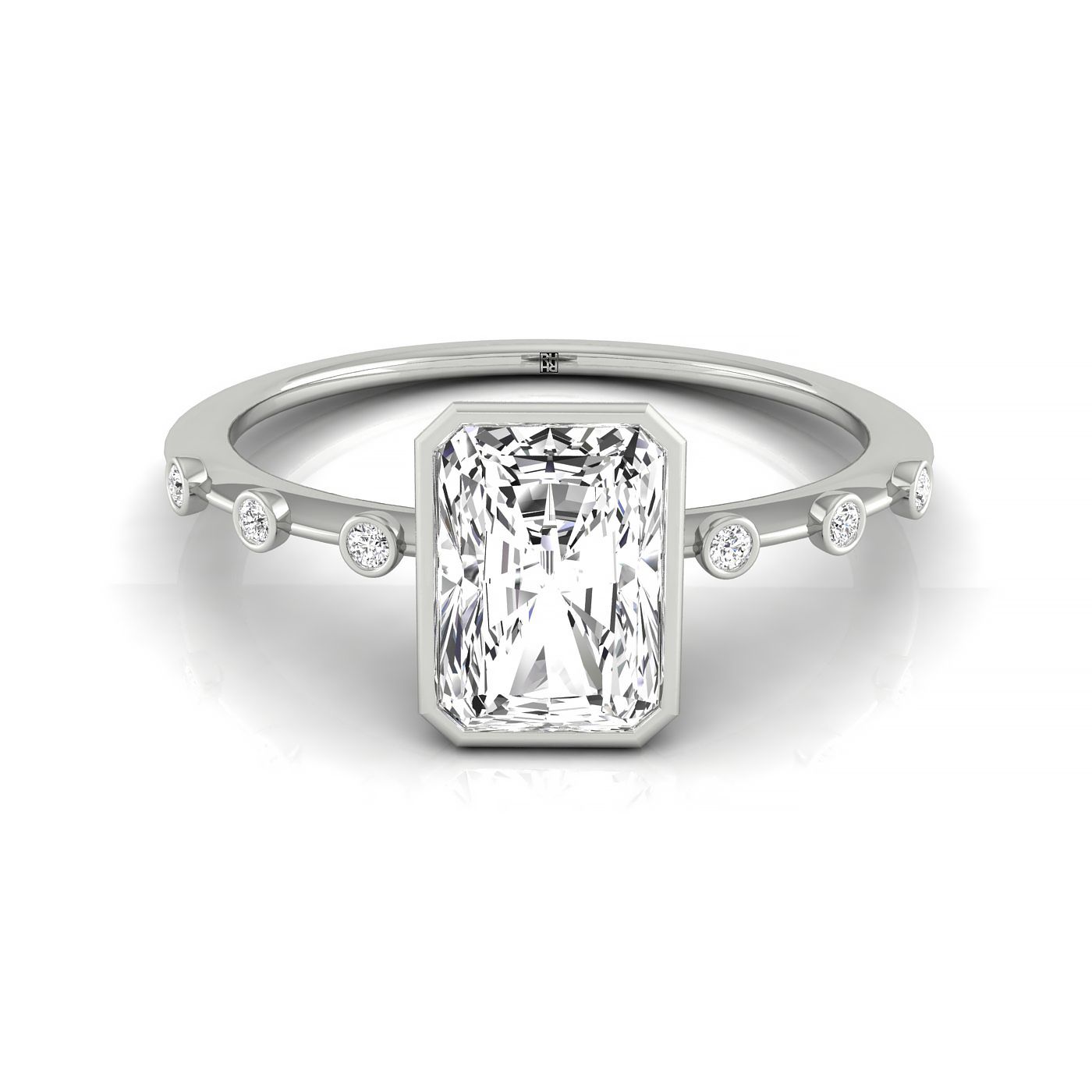 18kw Bezel Set Radiant Engagement Ring With 6 Bezel Set Round Diamonds On Shank