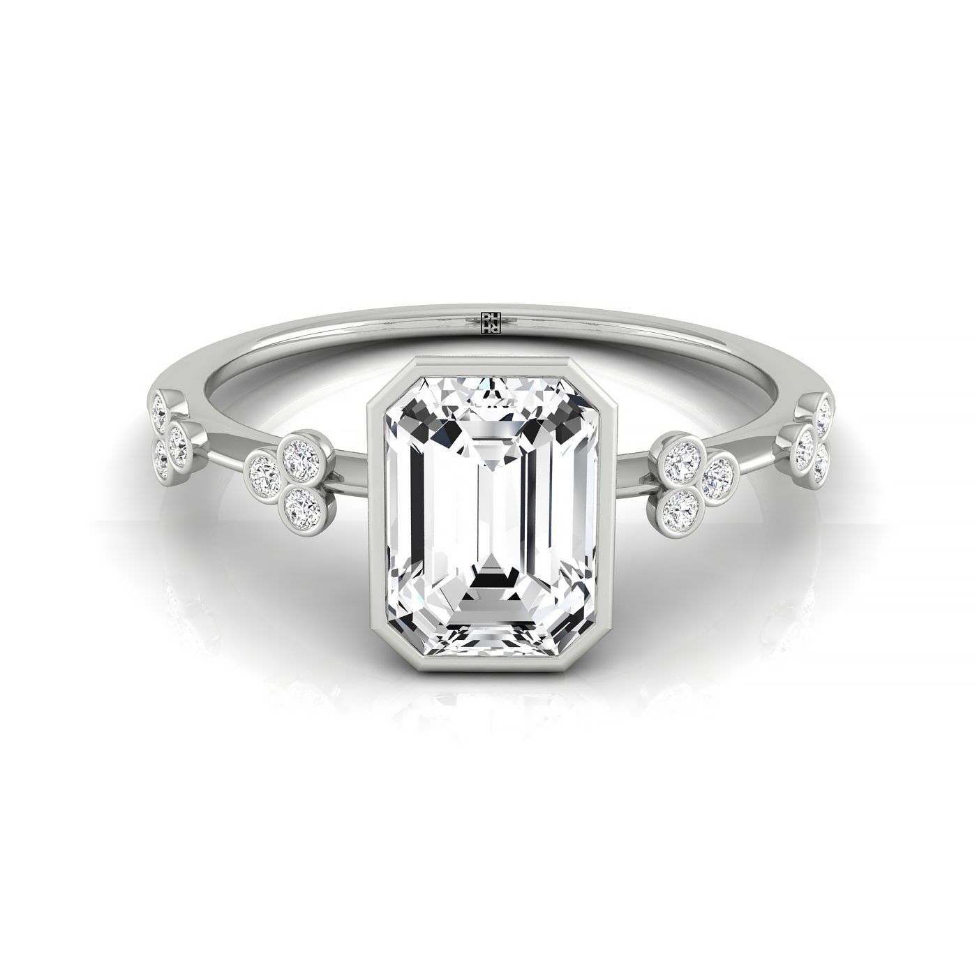 Plat Bezel Set Emerald Engagement Ring With 12 Clover Bezel Set Round Diamonds On Shank