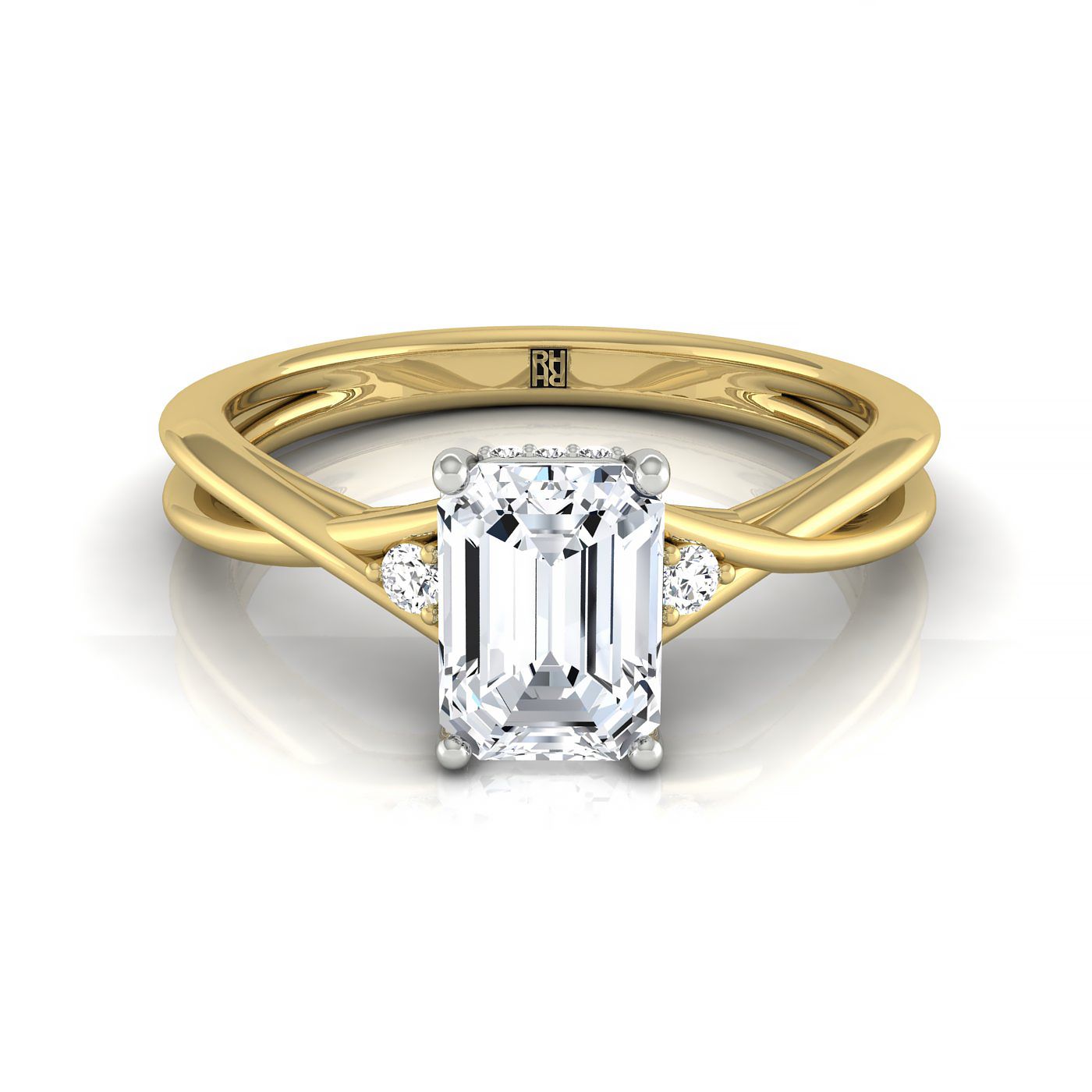14ky Emerald Twisted Shank Single Hidden Halo Engagement Ring With 18 Prong Set Round Diamonds Sz 7.5